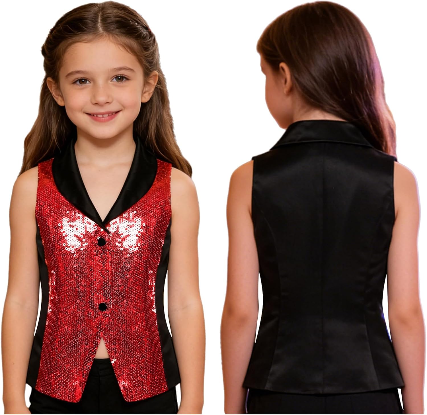 Linjinx Kids Girls Sparkly Sequin Vest Jacket V Neck Dressy Waistcoat Music Festival Party Dance Tank Crop Top