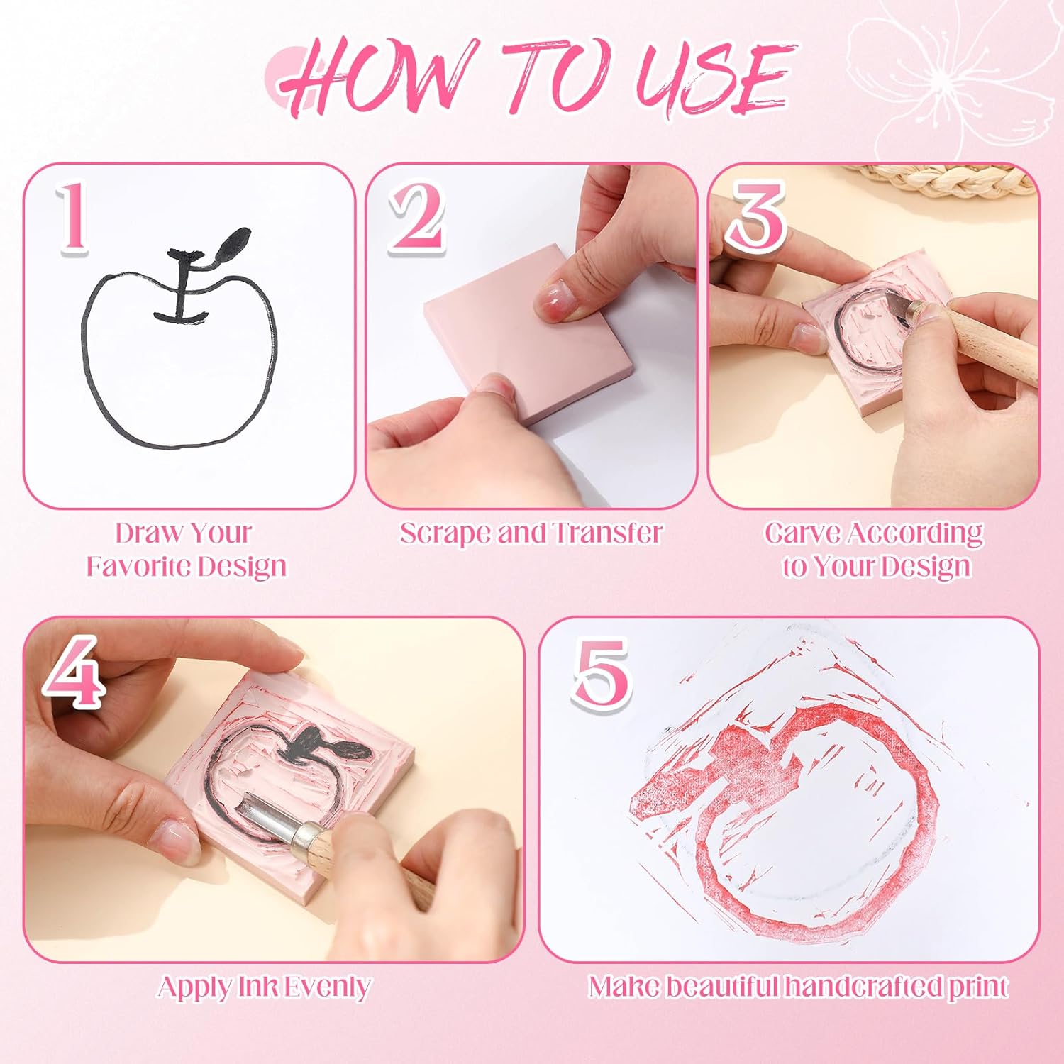 MotiMind 8 Pcs 3 Sizes Pink Rubber Stamp Carving Blocks Linoleum Block Soft Rubber Carved Bricks for DIY Printmaking Stamp Making and Craft Projects