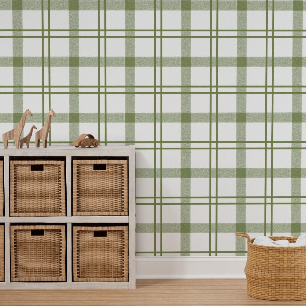 Peel & Stick Wallpaper 3ft x 2ft - Avocado Green Plaid Olive Sage Green Rustic Stripe Check Tartan Custom Removable Wallpaper by Spoonflower