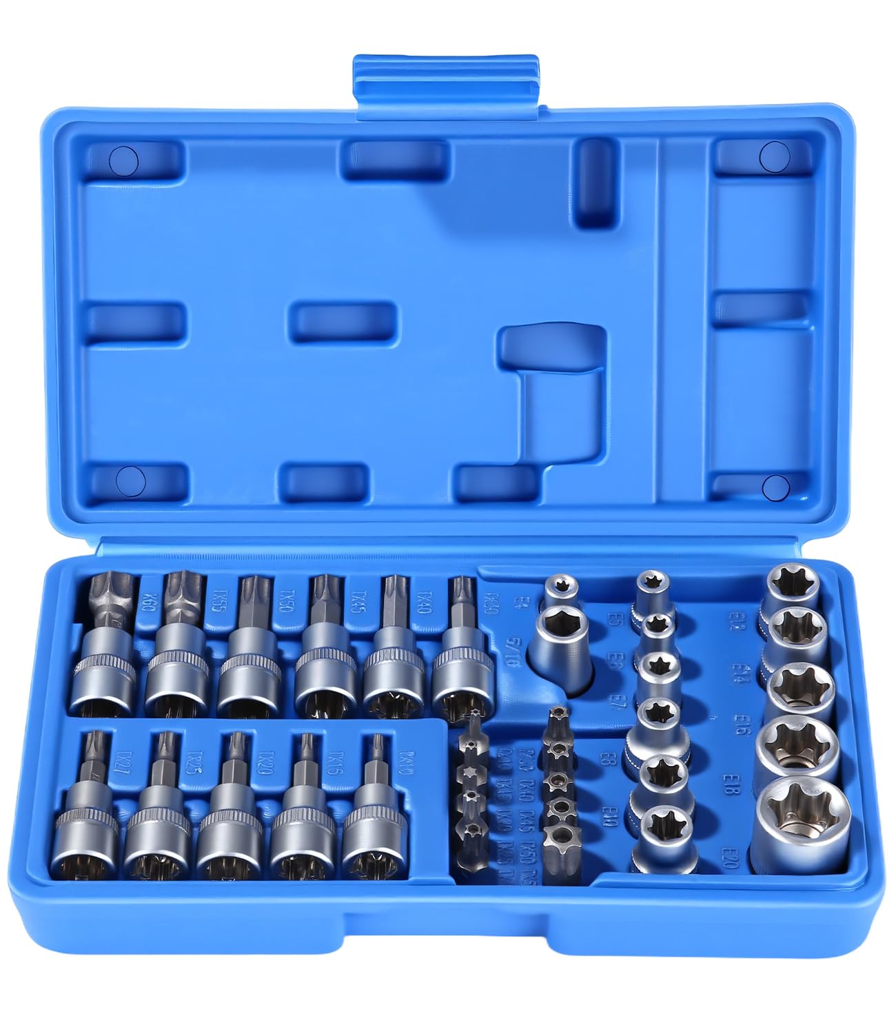 Bixury Juego de 34 llaves de vaso Torx para interior y exterior y S2 Bits hexagonales, 3/8 pulgadas, 10 mm, T10-T60 5/16 pulgadas, 8 mm, T10-T55, 10 mm, tuerca E4-E20