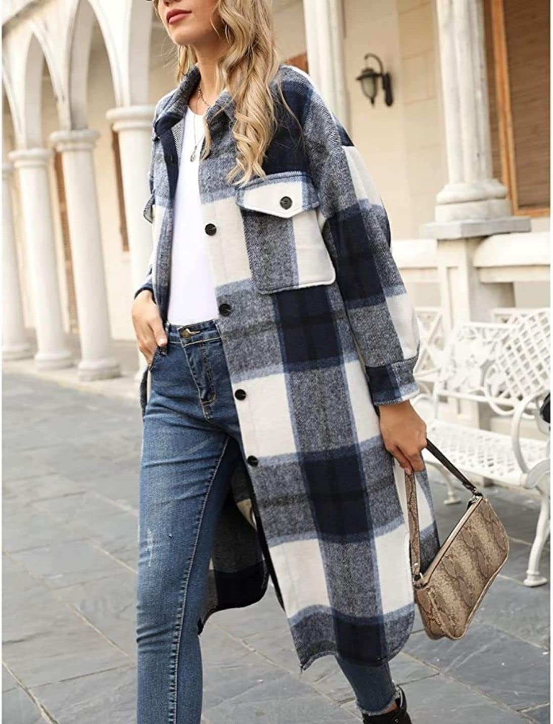 Kwoki Women's Long Plaid Shirt Jacket Casual Loose Fit Button Down Lapel Wool Blend Trench Coat Shackets - Image 6