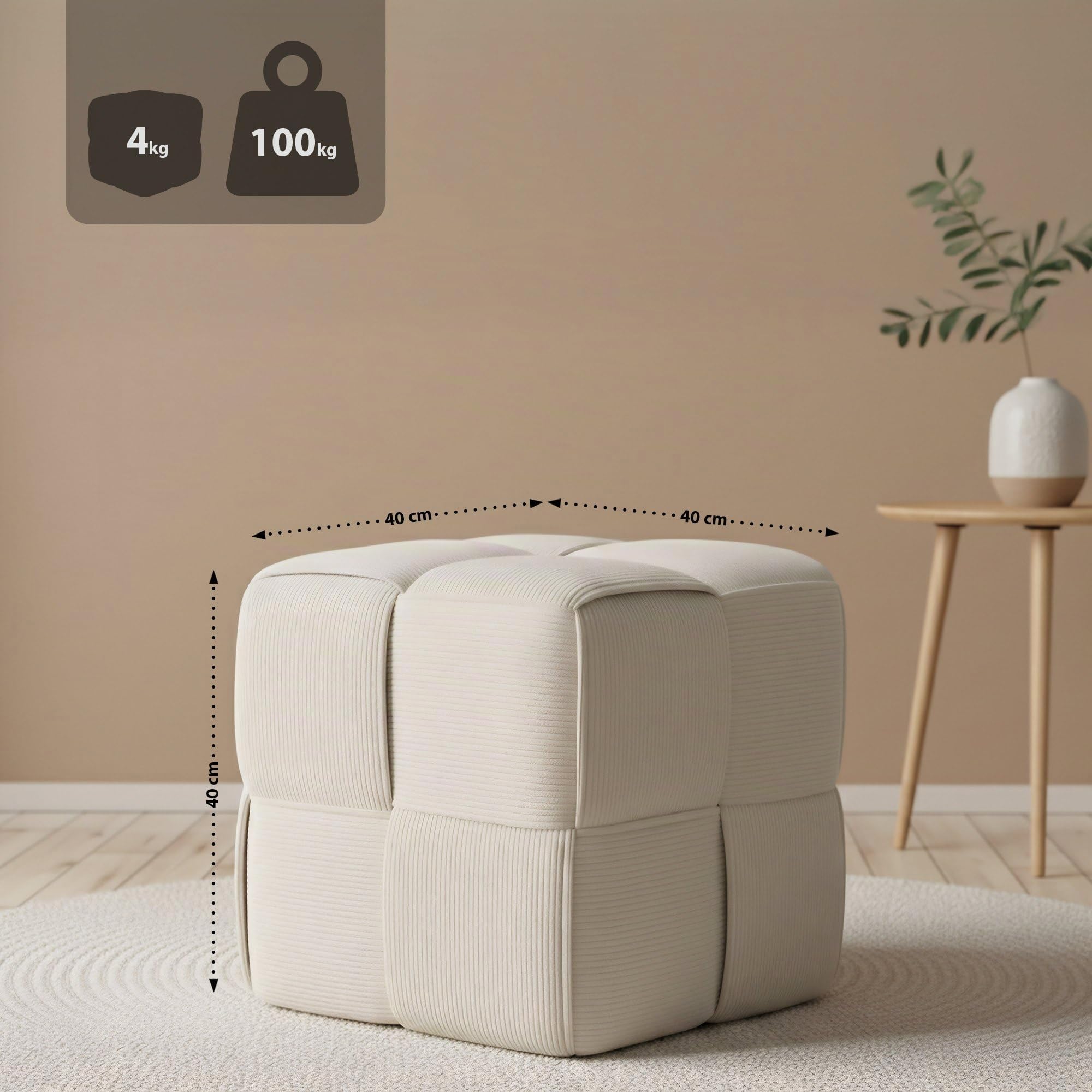 CLP Puff Forinta de Pana, Cuadrado Acolchado, diseńo Moderno Beige, cómodo y Estable para salón y Dormitorio, Color:Crema