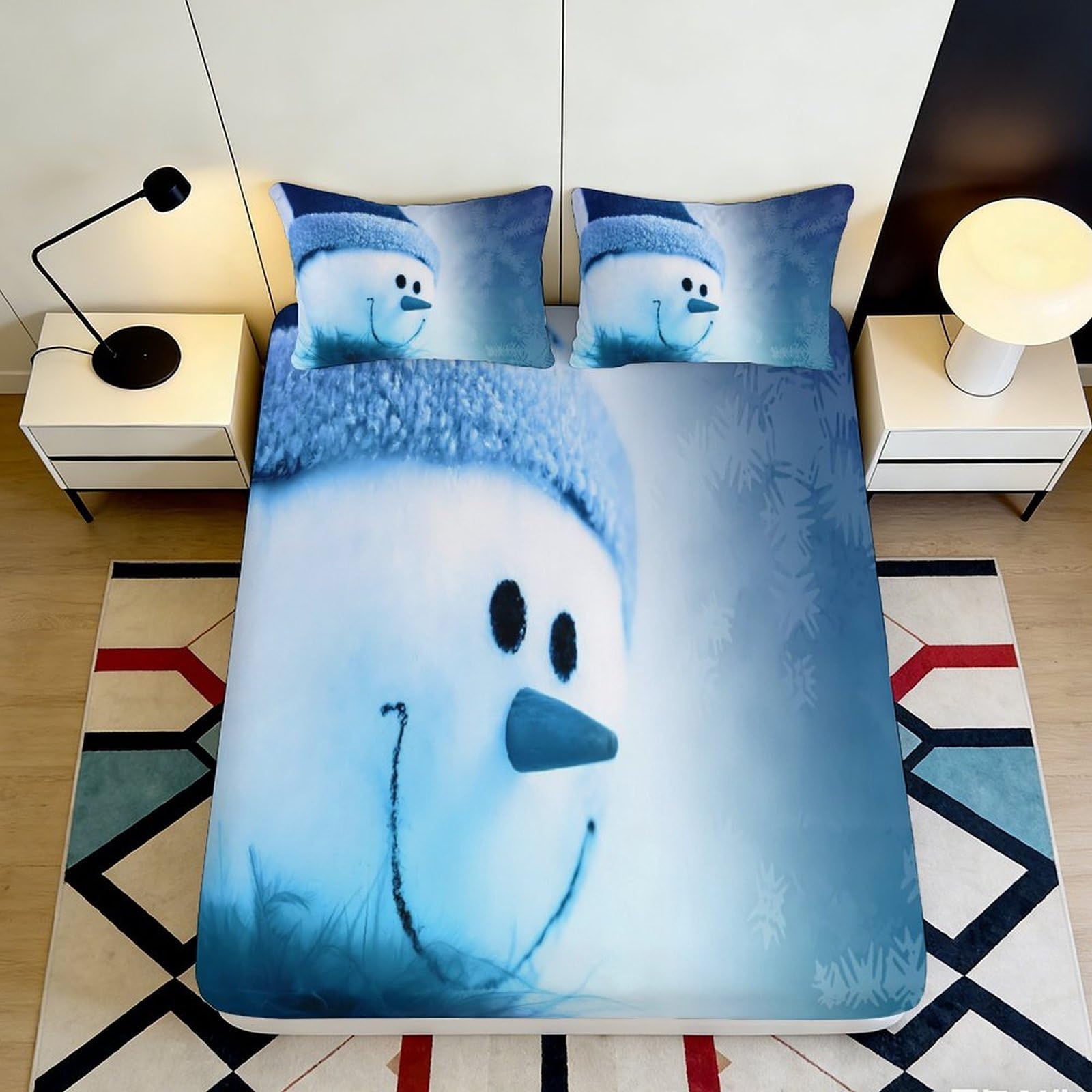 3D Printed Snowman Blue Fitted Sheet Microfiber Soft Breathable Winter Scene Bed Cover for Bedroom Dorm Decor 90x200x25cm
