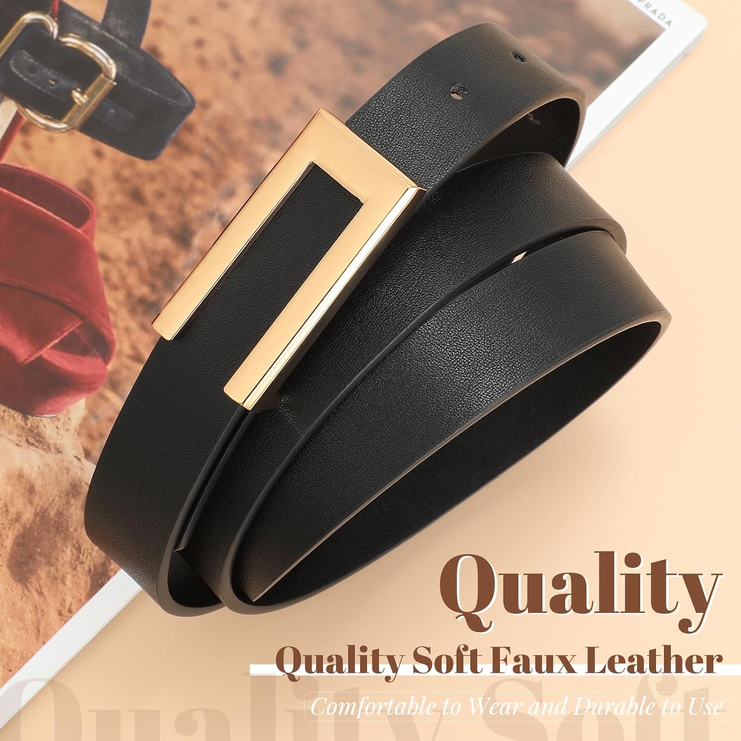 SANSTHS 2 Pack Skinny Leather Belts for Women, Ladies Thin Waist Belt for Dresses Jeans Pants with Gold Buckle - Image 5