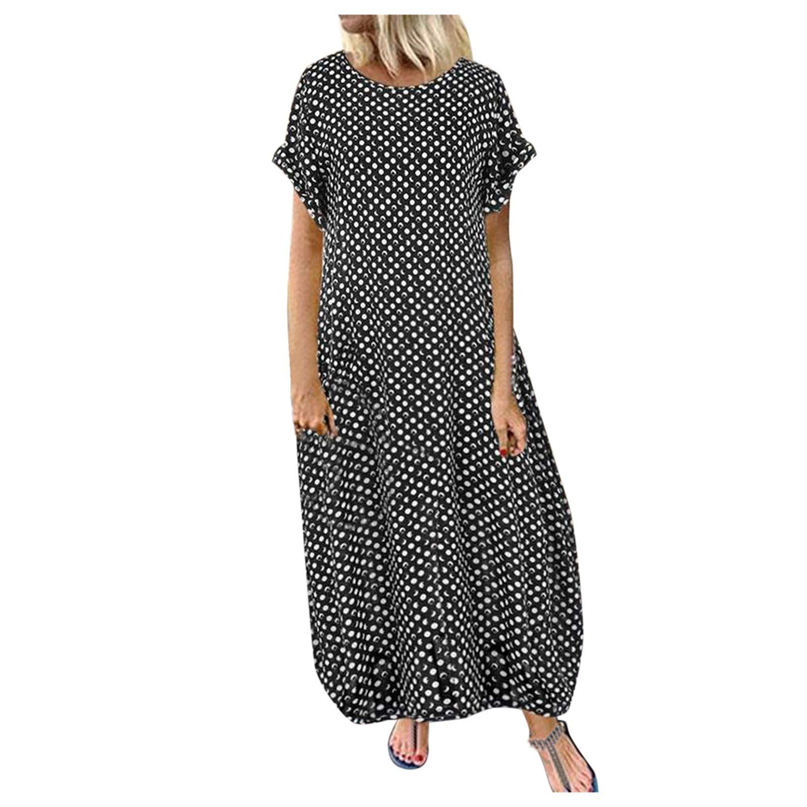 2023 Women's Casual Summer Plus Size Polka Dot Long Maxi Dresses Loose Baggy Short Sleeve Sundresses with Pockets