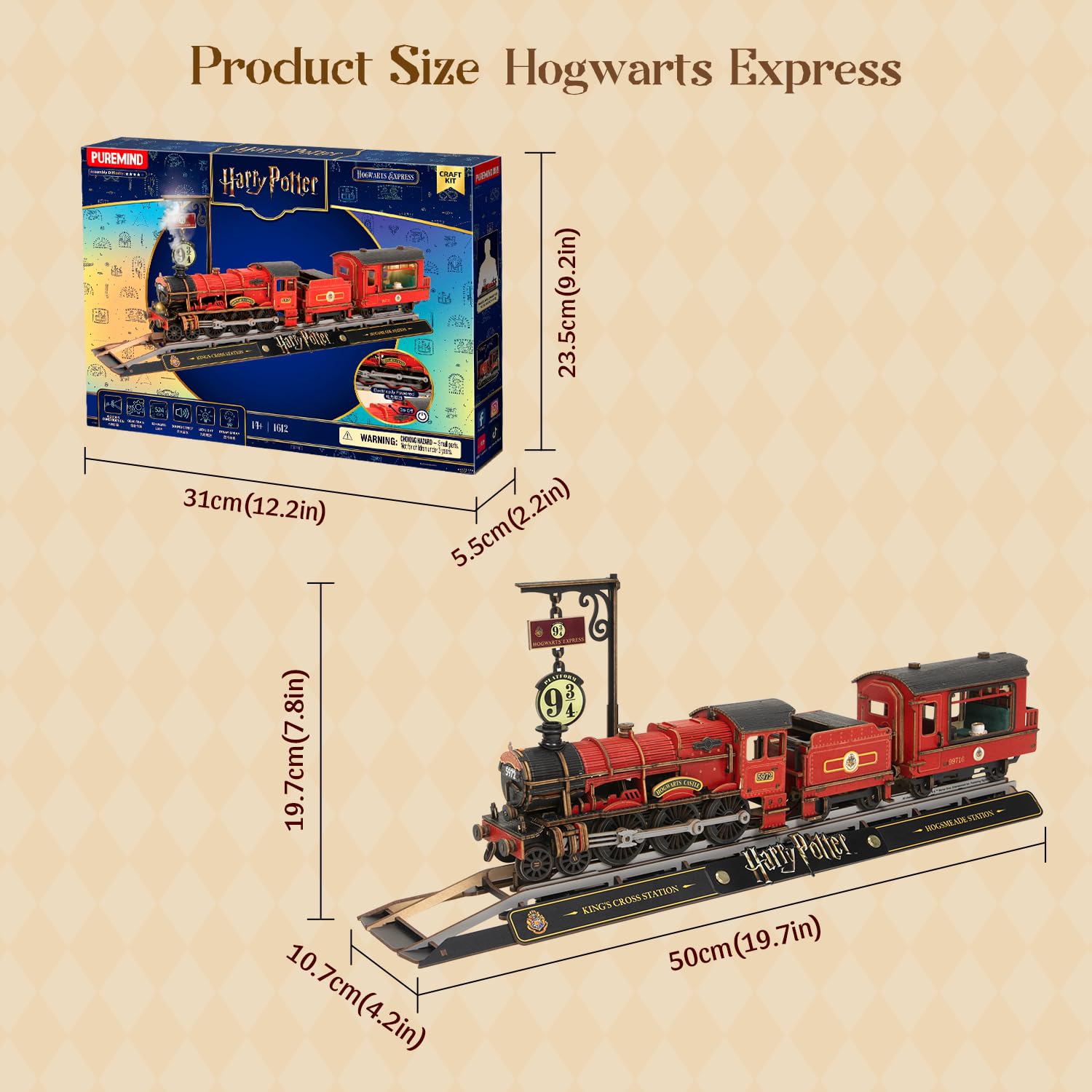 PUREMIND Harry Potter Hogwarts Express, puzzle 3D, oficjalna licencja | Ruchoma lokomotywa, peron 9¾, światło, para i dźwięk, mechaniczna konstrukcja, ekspozycja na półce lub w witrynie