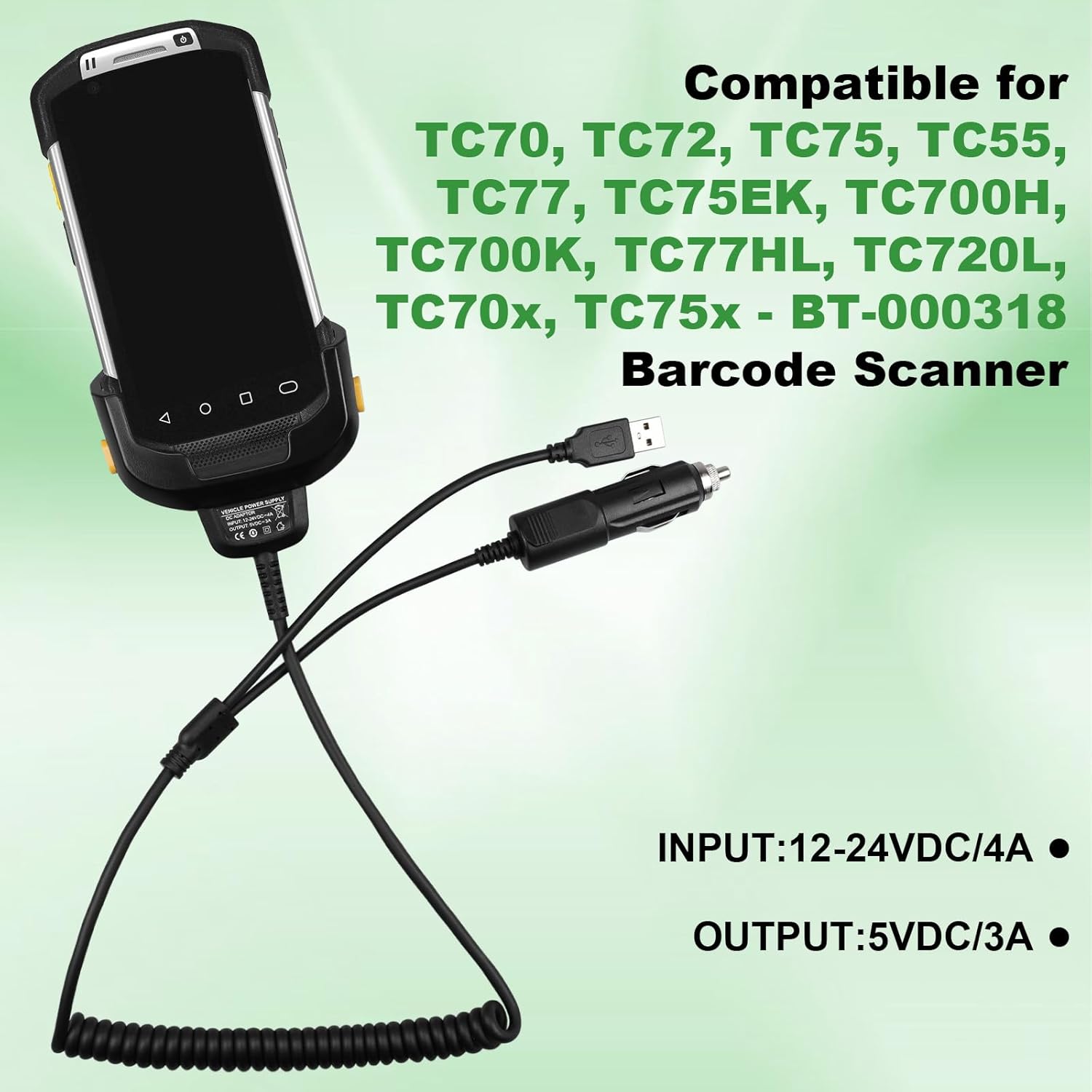 for Zebra Scanner TC77 Car Charger: USB Vehicle Charging Data Transfer Cable for Symbol TC70 TC72 TC75 TC55 TC77 TC75EK TC700H TC700K TC77HL TC720L TC70x TC75x BT-00031 Handle Scanner - Image 2