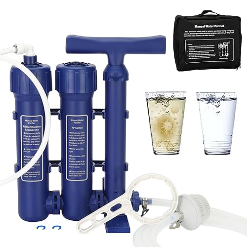 Emergency Water Filter Large Water Filtration System Survival - Hand Pump Water Filter, High Volume Water Purifier Camping, 3 Stage Water Filtration