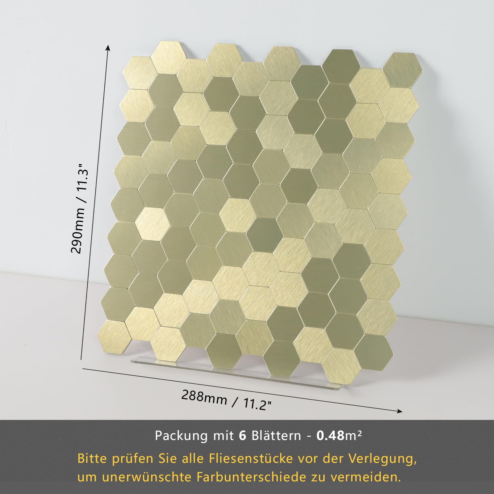 Selbstklebende Mosaikfliesen Wandfliesen, Sechseck Küche Kleine Fliesen Metall Klebefliesen Fliesenaufkleber Bad (6 Matten, Gold)