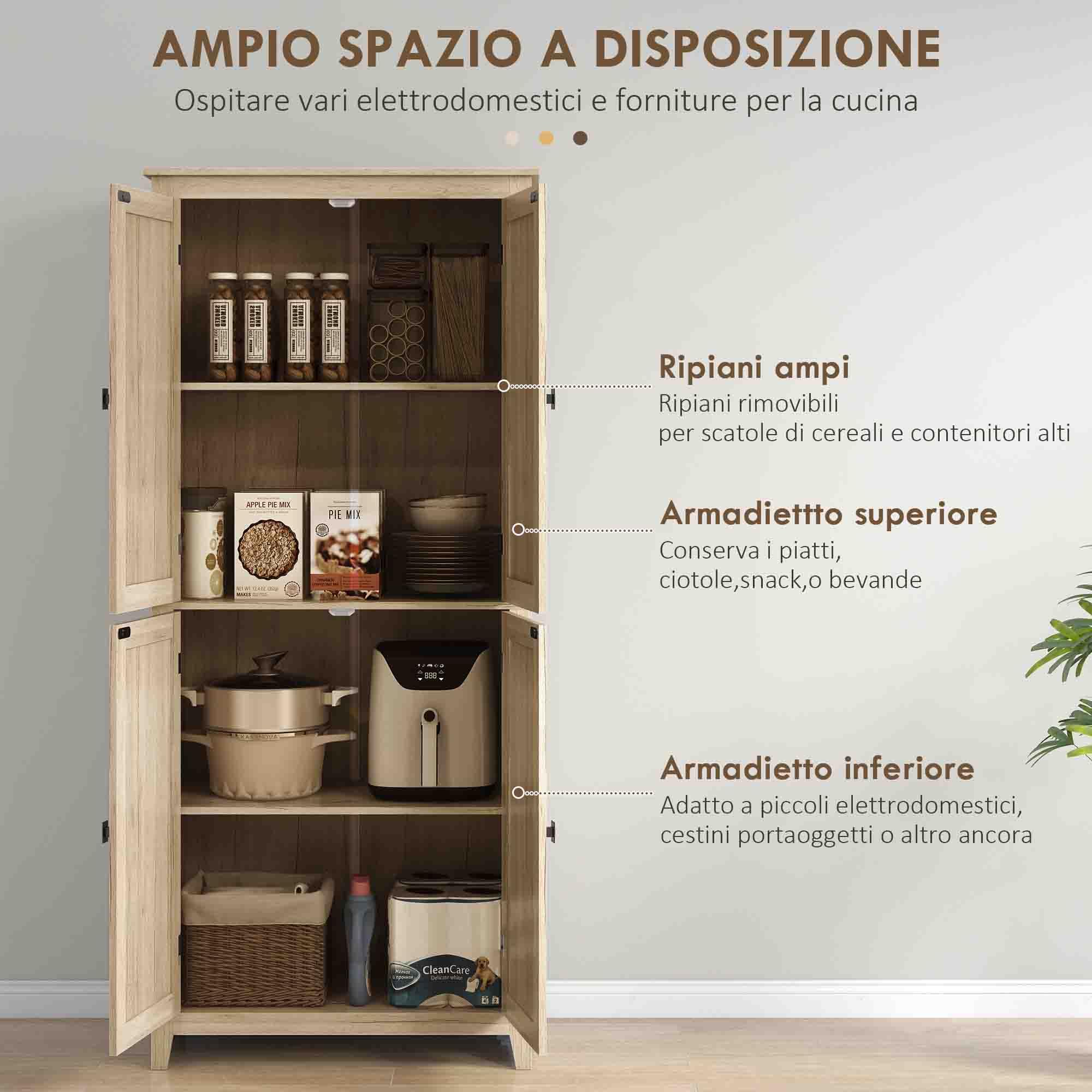 HOMCOM Credenza Moderna a 4 Ante con Mensole Regolabili e Base Rialzata, Mobile Cucina in Legno, 80x40x182 cm, Color Legno