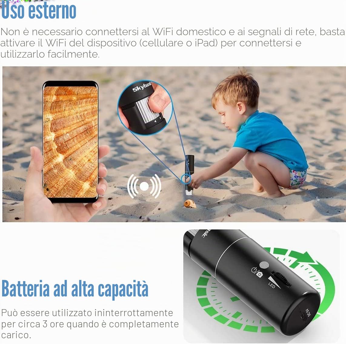SKYBASIC Microscopio Digitale WiFi, Handy-Microscopio Digitale Portatile con 8 LED Mini Videocamera Compatibile per Android/iOS/Windows/Mac, Ingrandimento da 50X a 1000X 1080P