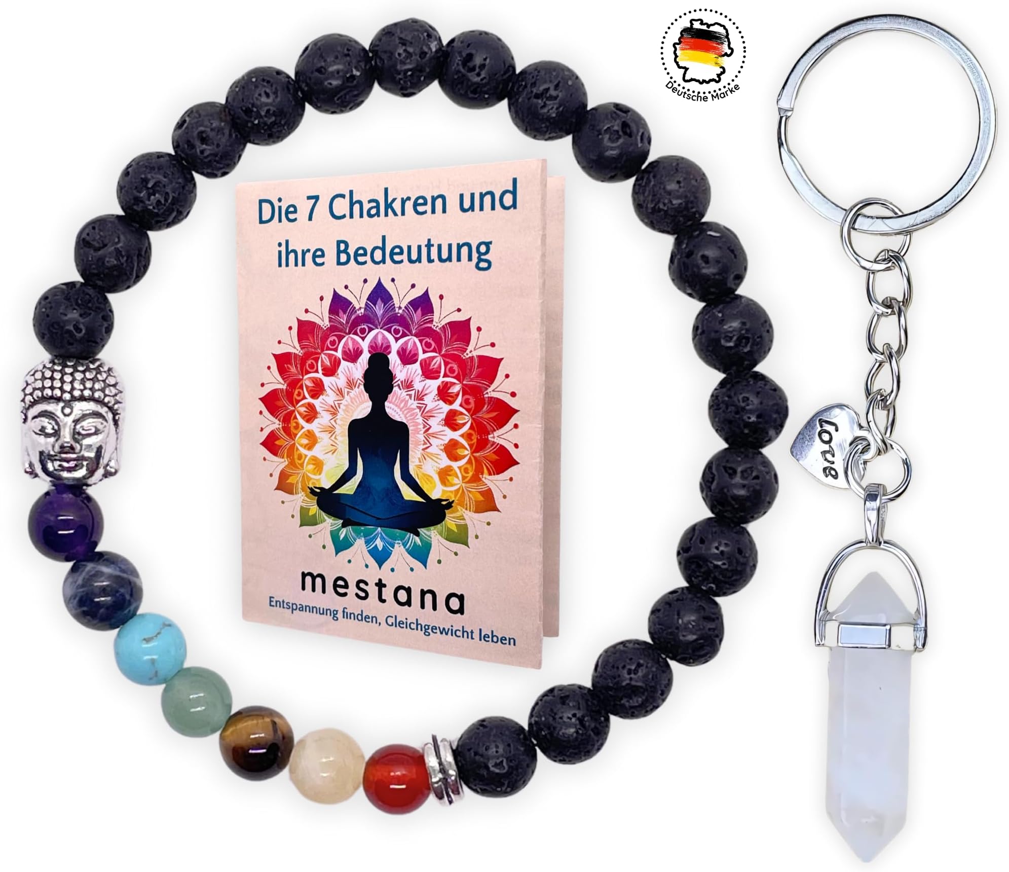 Chakra Bracelet Genuine Healing Stones, Lava Stone and Buddha Pearl + Booklet on Meaning + Quartz Crystal Key Chain. Chakra Bead Bracelet Made of 6 mm Natural Stone. Meditation Accessories. Yoga