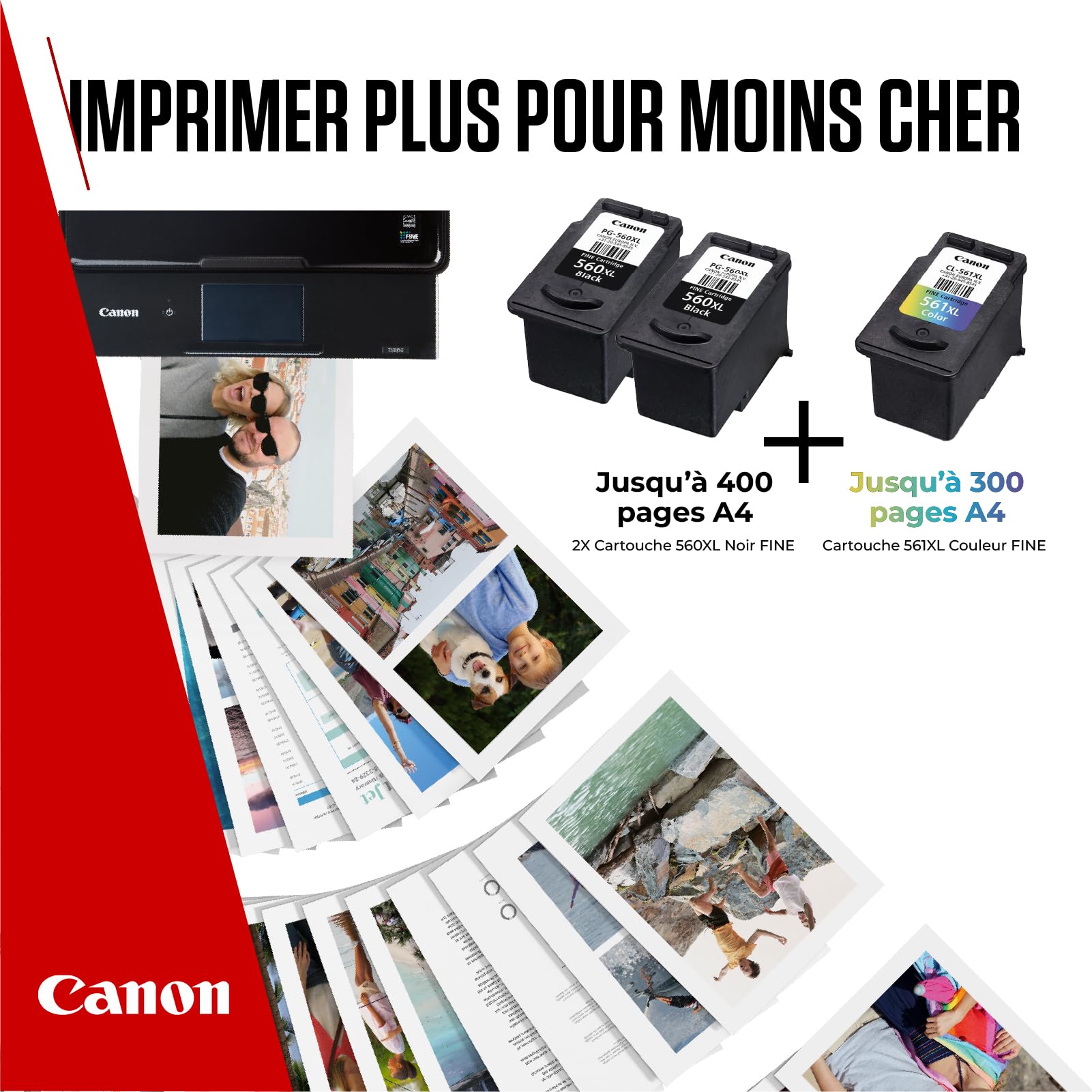 Canon PG-560XL x 2 / CL-561XL Lot de 3 Cartouches d'encre Authentiques à Haut rendement (2 x Noir, 1 x Couleur) ; Comprend 50 Feuilles de Papier Photo 10 x 15 cm – Multipack en Carton