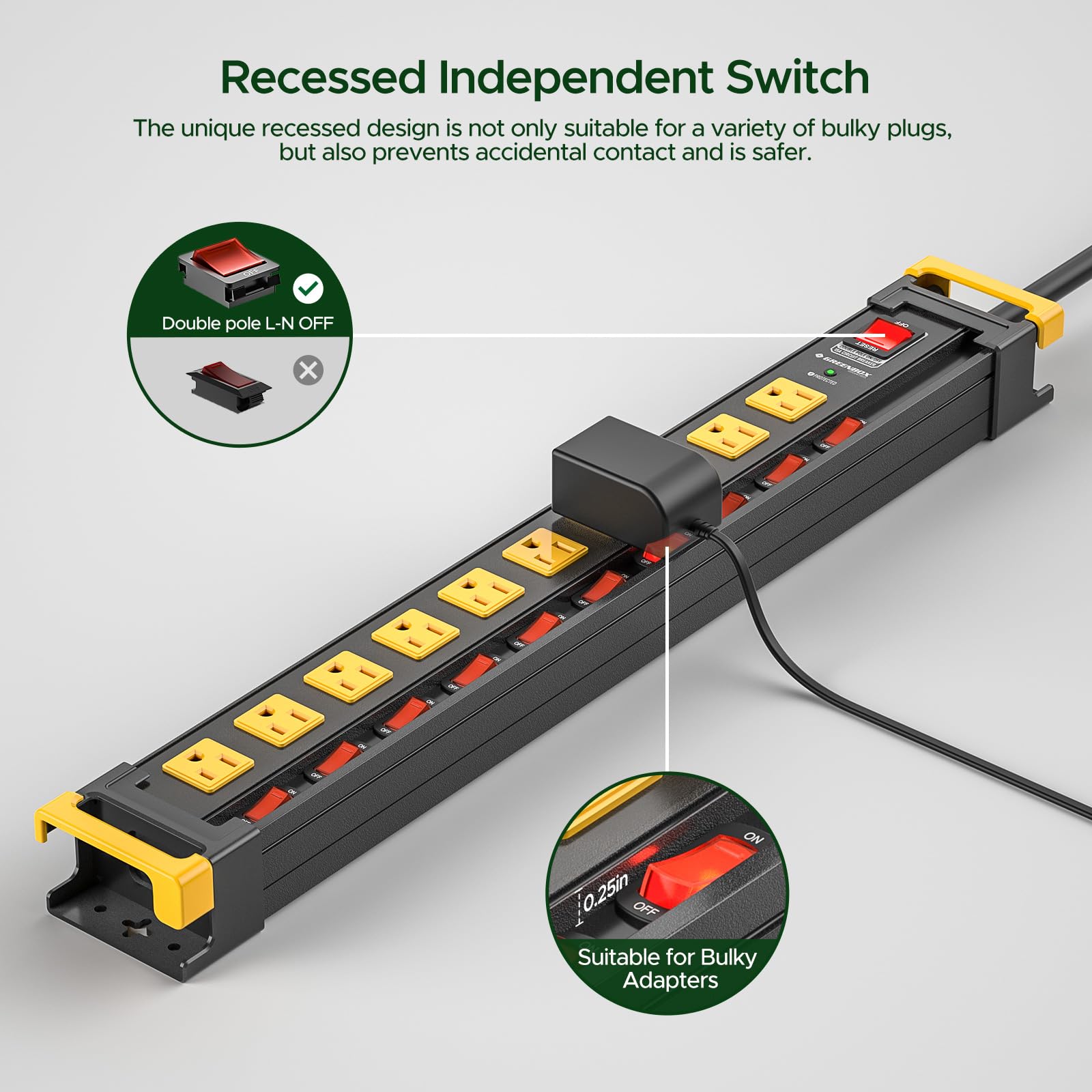 Regleta de alimentación resistente de 10 tomas con interruptores individuales, protector de sobretensiones de metal, enchufe plano, protección de sobrecarga 3300J 15A/1875W, gestión de cables de 6