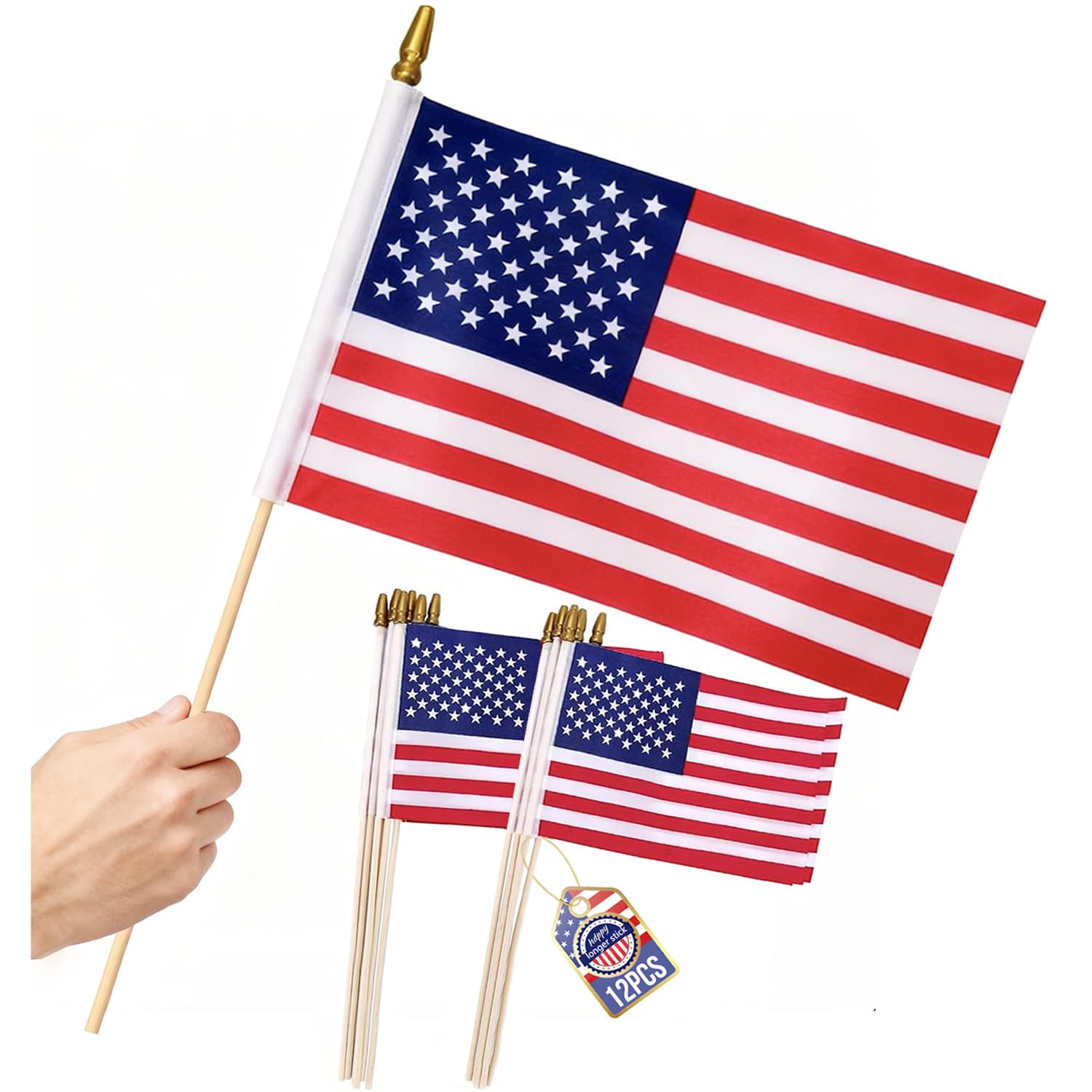 Photo 1 of 12 Pcs 8x12 Inch Small American Flags on Stick, US Handheld Flag with Kid-Safe Spear Top, For Memorial Day, 4th of July Decorations,250th Anniversary USA flag,Patriotic Holiday Yard Garden Flags