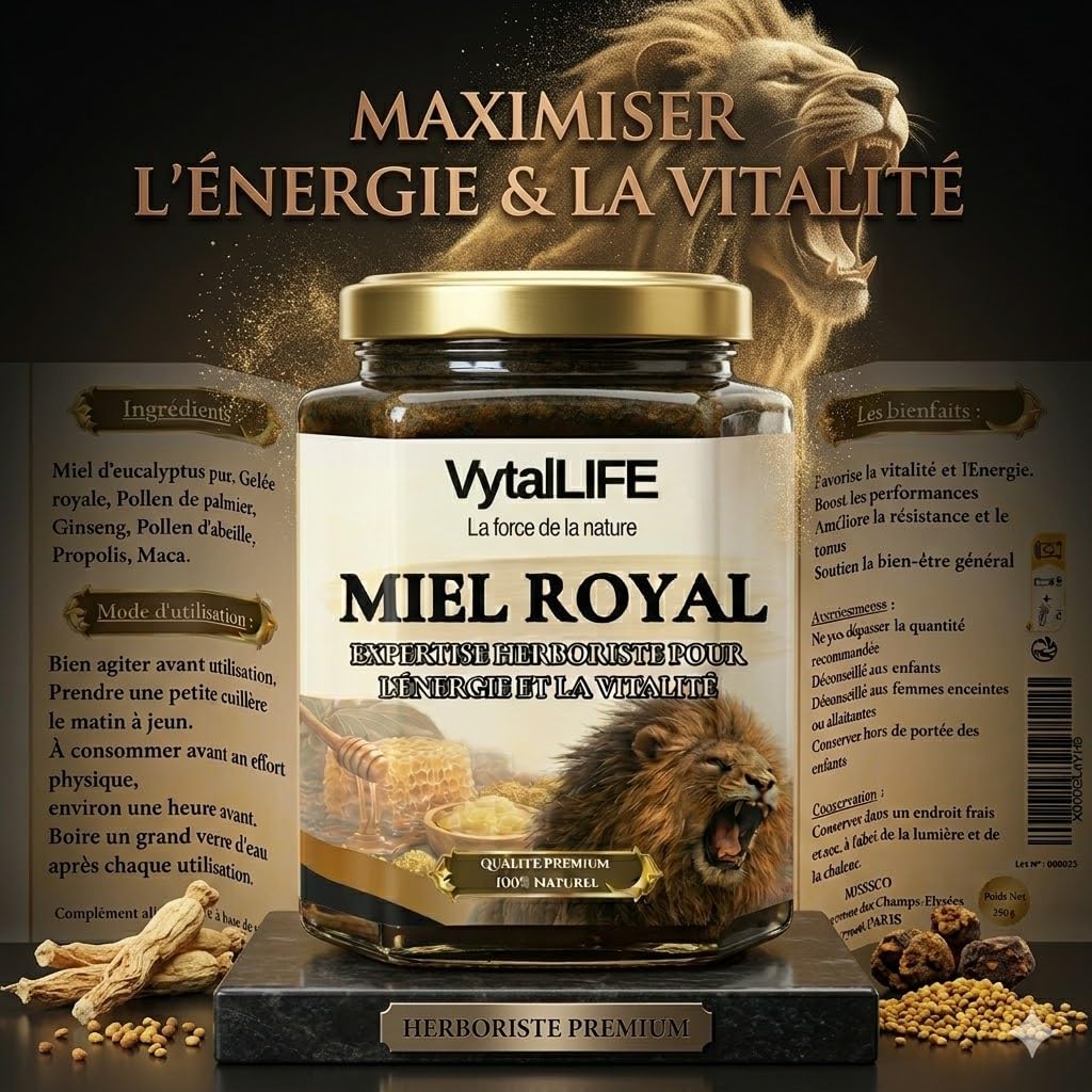 VytalLIFE Miel à la Gelée Royale, Ginseng & Maca - Miel Aphrodisiaque d'Eucalyptus 100% Pur 250g - Enrichi en Propolis, Pollen d'Abeille - Énergie & Vitalité - Booster Testosterone Homme Naturel