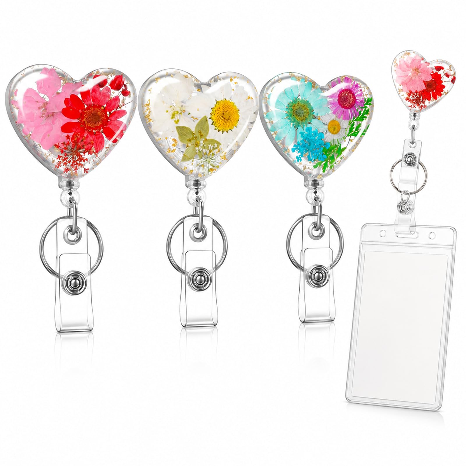 3 Pack Retractable Flower Badge Reels Clip, ID Badge Holder Nurse Convenient Badge Reel Dried Floral Resin, Cute Floral ID Name Card Holder Clip with Key Ring for Nurse Doctor Worker