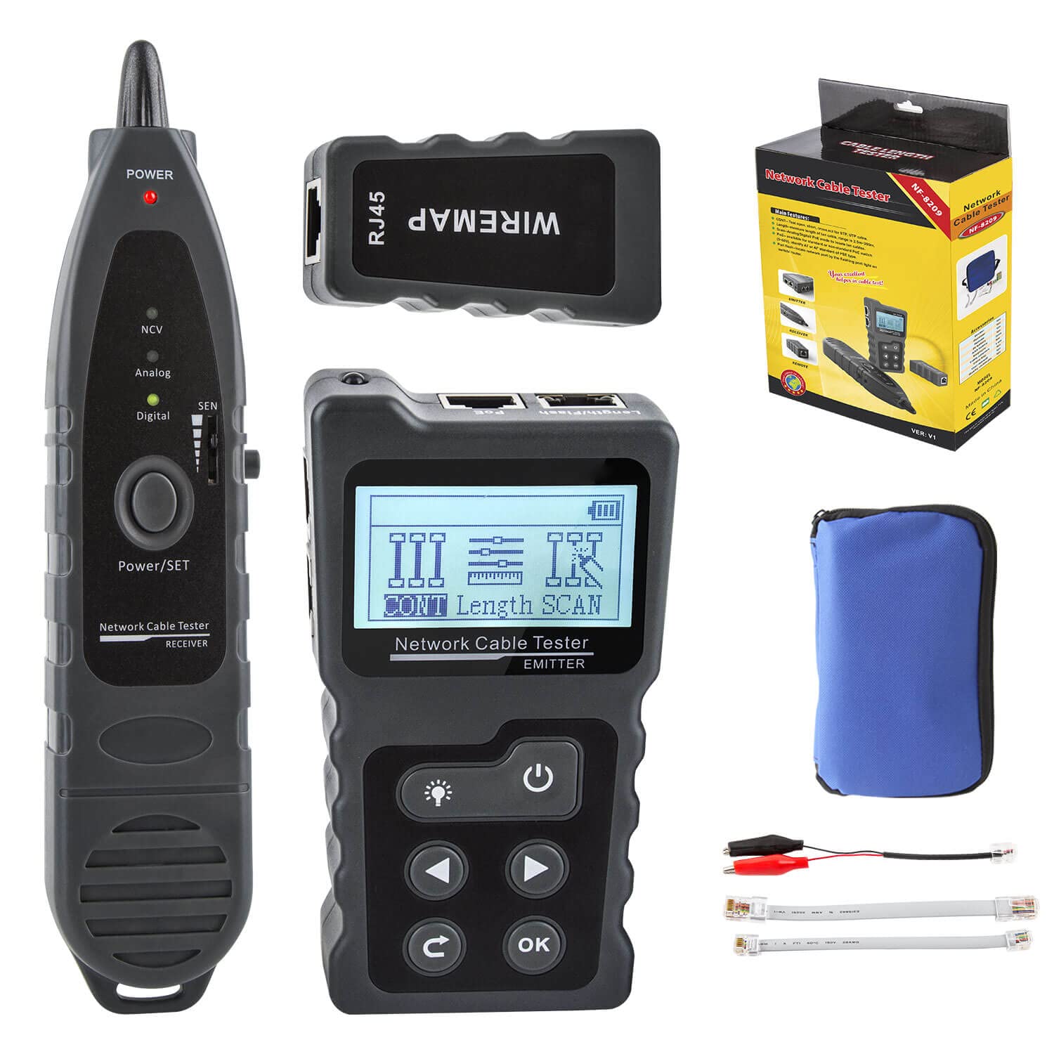 NOYAFA Cable and Network tester NF-8209 Advanced Network Cable Tracker Tone Generator and Probe Kit with Cable Testing Capabilities like Wiremap, Length, PoE