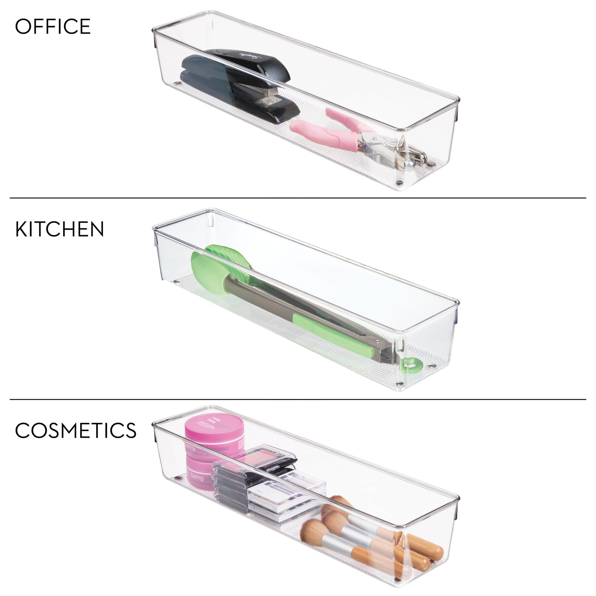 iDesign - Contenedores organizadores de cajones de plástico, almacenamiento para cocina, baño y cajones de escritorio, juego de 3, transparente