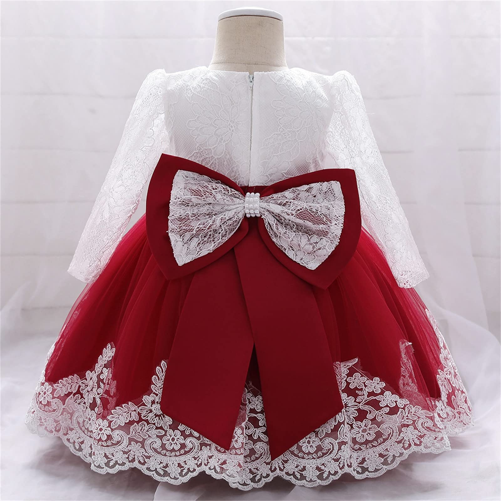 Abito Neonato con Maniche Lunghe in Pizzo e Fiocco, Modello con Volant e Fiori, Perfetto per Matrimoni, Battesimi e Feste