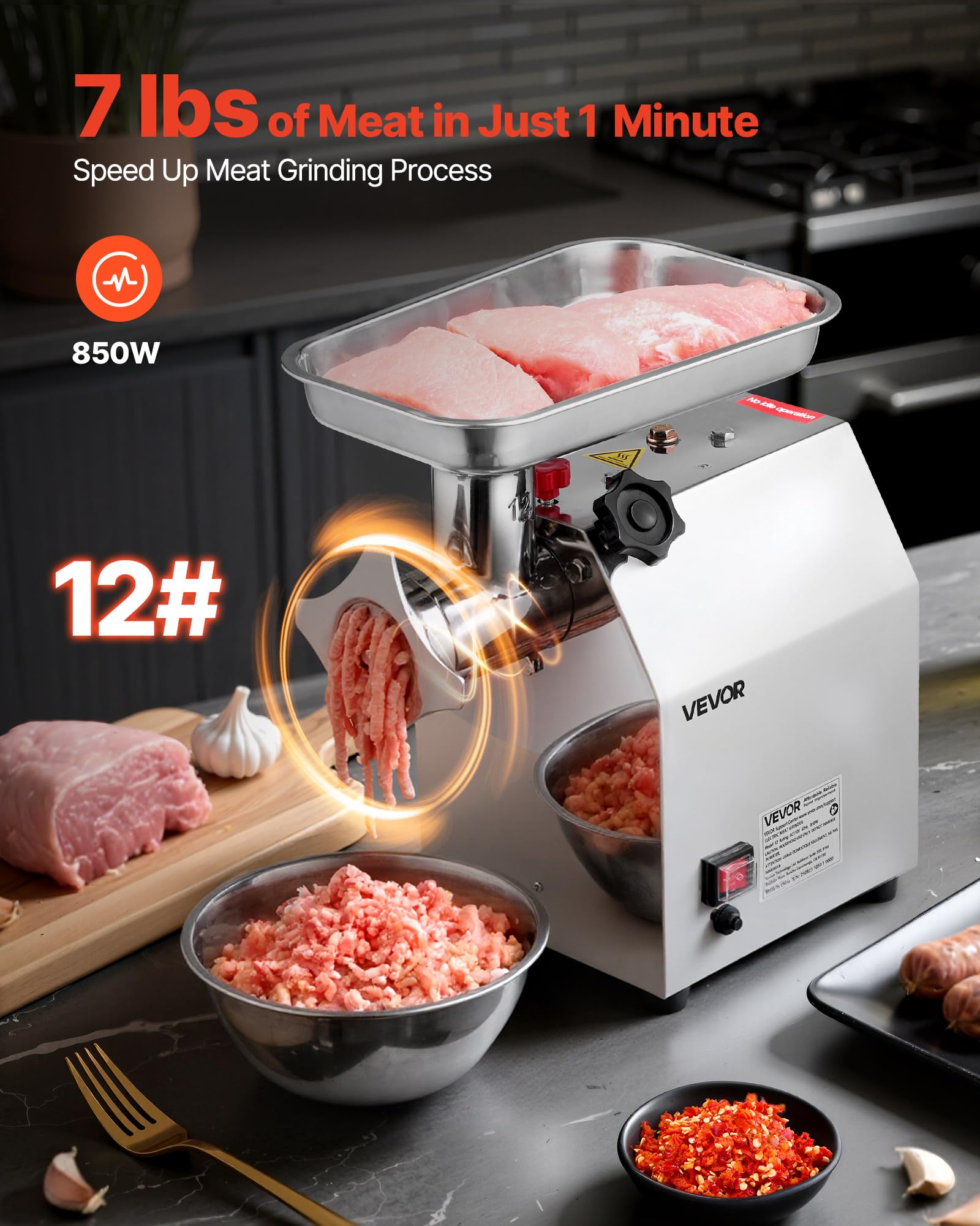 VEVOR Picadora de carne eléctrica comercial, capacidad 3 kg/min, picadora industrial n. ° 12 con 2 cuchillas de acero inoxidable, 2 discos de molienda, relleno de salchichas para cargas pesadas