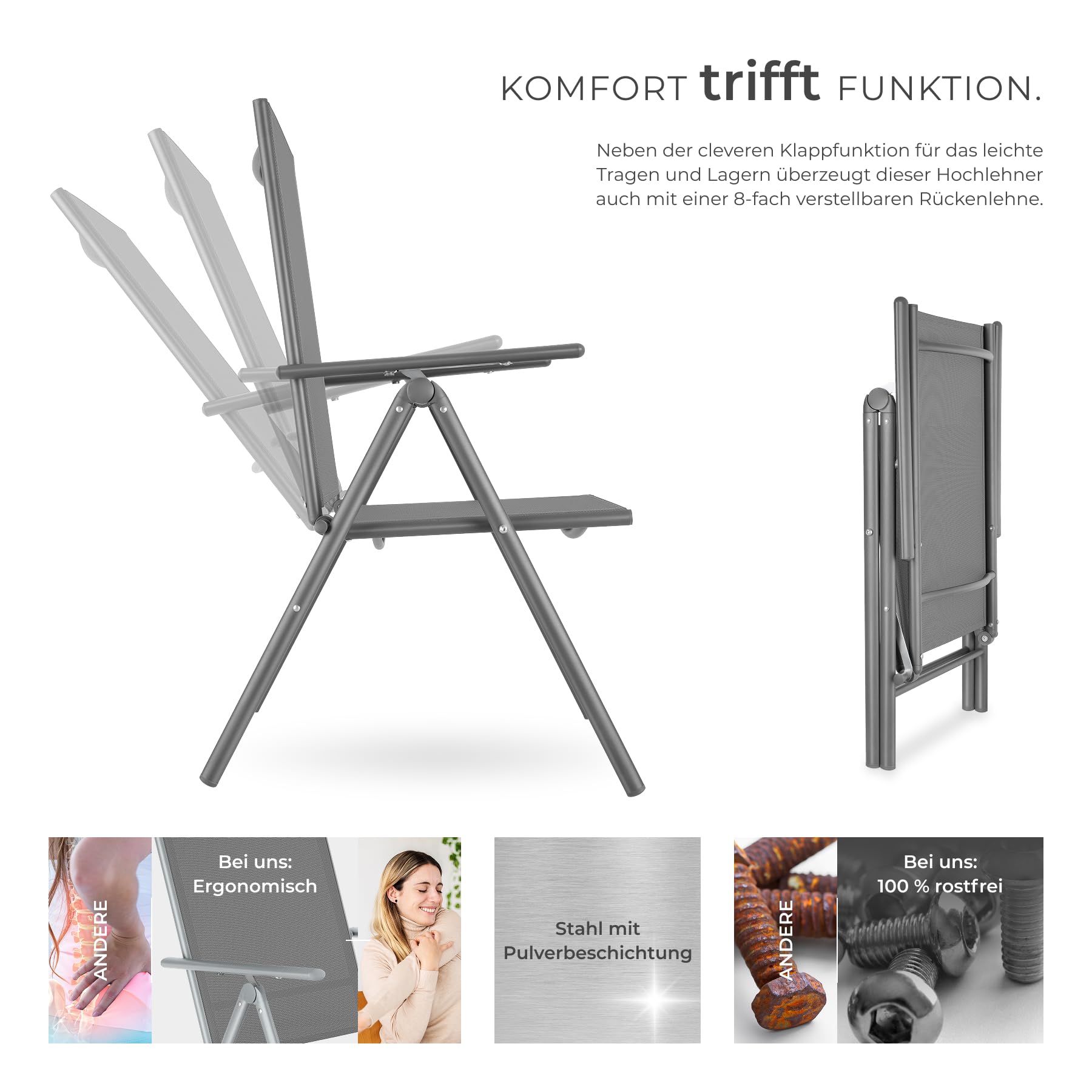 TecTake® 6er Set Gartenstuhl klappbar, 54,5 x 65 x 107,5 cm, 8-Fach verstellbare Rückenlehne, wetterfest, Textilene, Verstellbarer Hochlehner, Outdoorstuhl, Gartenmöbel, Klappsessel - anthrazit