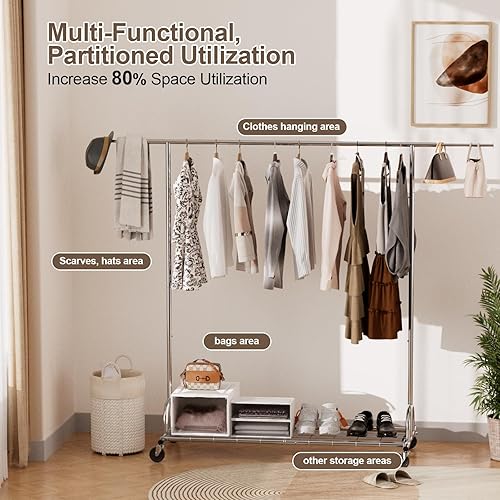 Miniatura 4 de Perchero de carga resistente de 480 libras, estante de metal con tamaño extensible, estante de ropa rodante 2 en 1 con ruedas resistentes y estantes