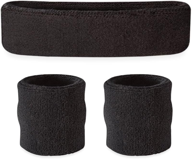 Sweatbands Set, Moisture Wicking 2 Wristbands and 1 Headband, Breathable Terry Cloth Athletic Bands for Basketball, Tennis, Yoga, Gym, Sweat Bands for Costumes and Cosplay