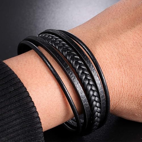 Miniatura 4 de AKOAK Paquete de 1 pulsera de cuero para hombre, pulsera de cuero casual de múltiples hebras, pulsera trenzada con cierre