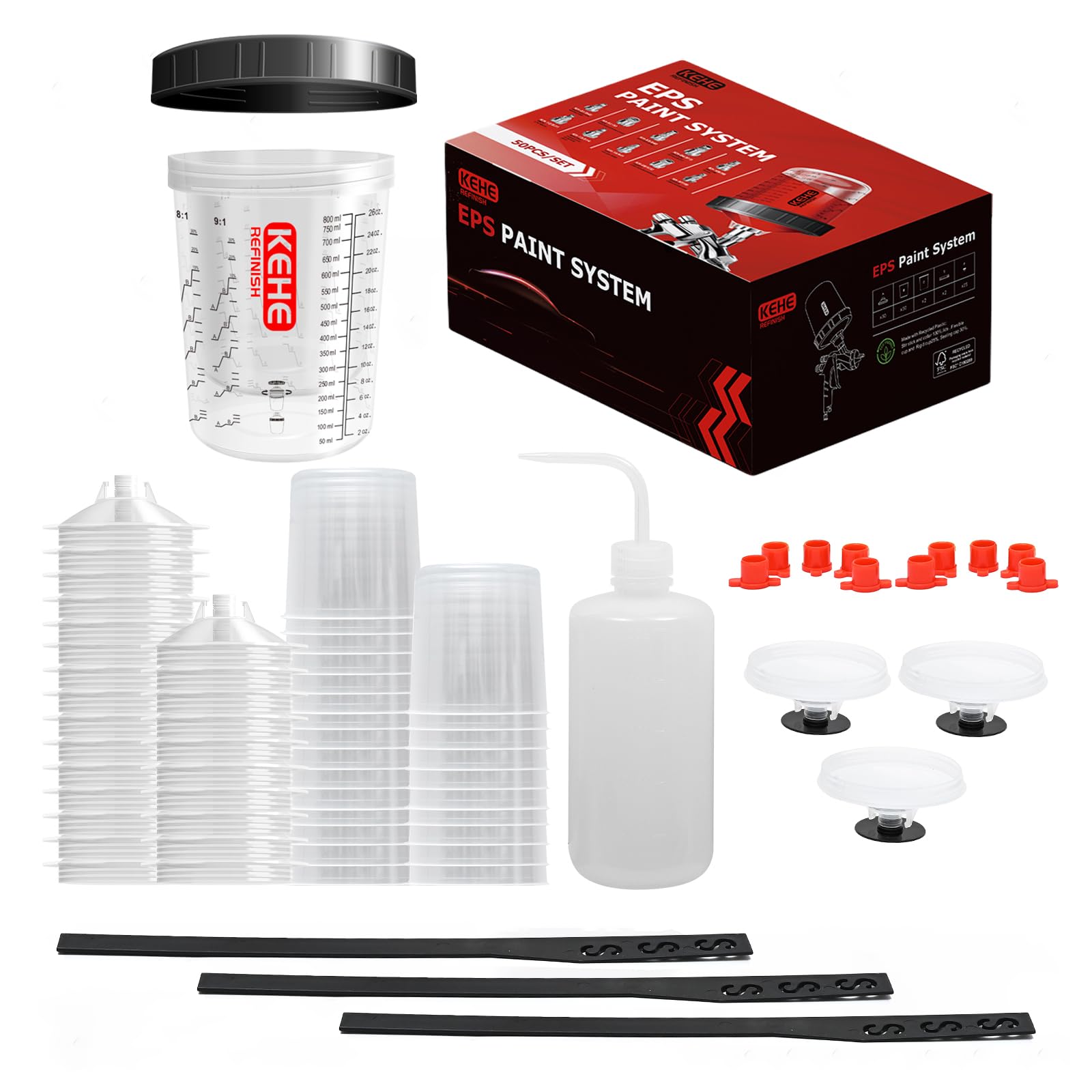 Disposable Paint Cups for Spray Gun,Mixing Cups 26 Ounce (800ml) Kit with 25 Cups and Lids with Strainer System for HVLP&amp;LVLP,1 Hard Cup with Retainer Ring,10 Plugs,3 Caps,1 Wash Bottle