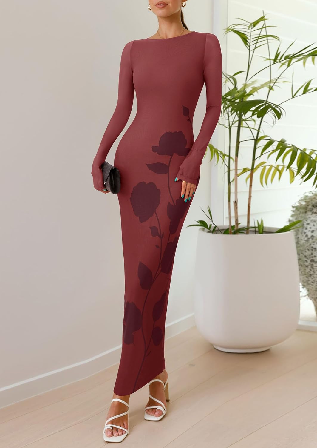 PRETTYGARDEN Bodycon Maxi Dress 2025 Fall Floral Long Sleeve Sexy Mesh Cocktail Wedding Guest Long Dresses - Image 5