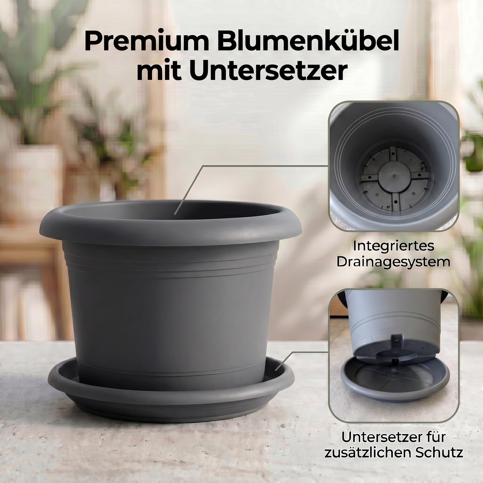 Scheurich Lot de 3 pots de fleurs Oliver avec soucoupes - Couleur : gris métallisé - Diamètre : 40,4 cm - Hauteur : 28,1 cm - Volume : 19,3 l