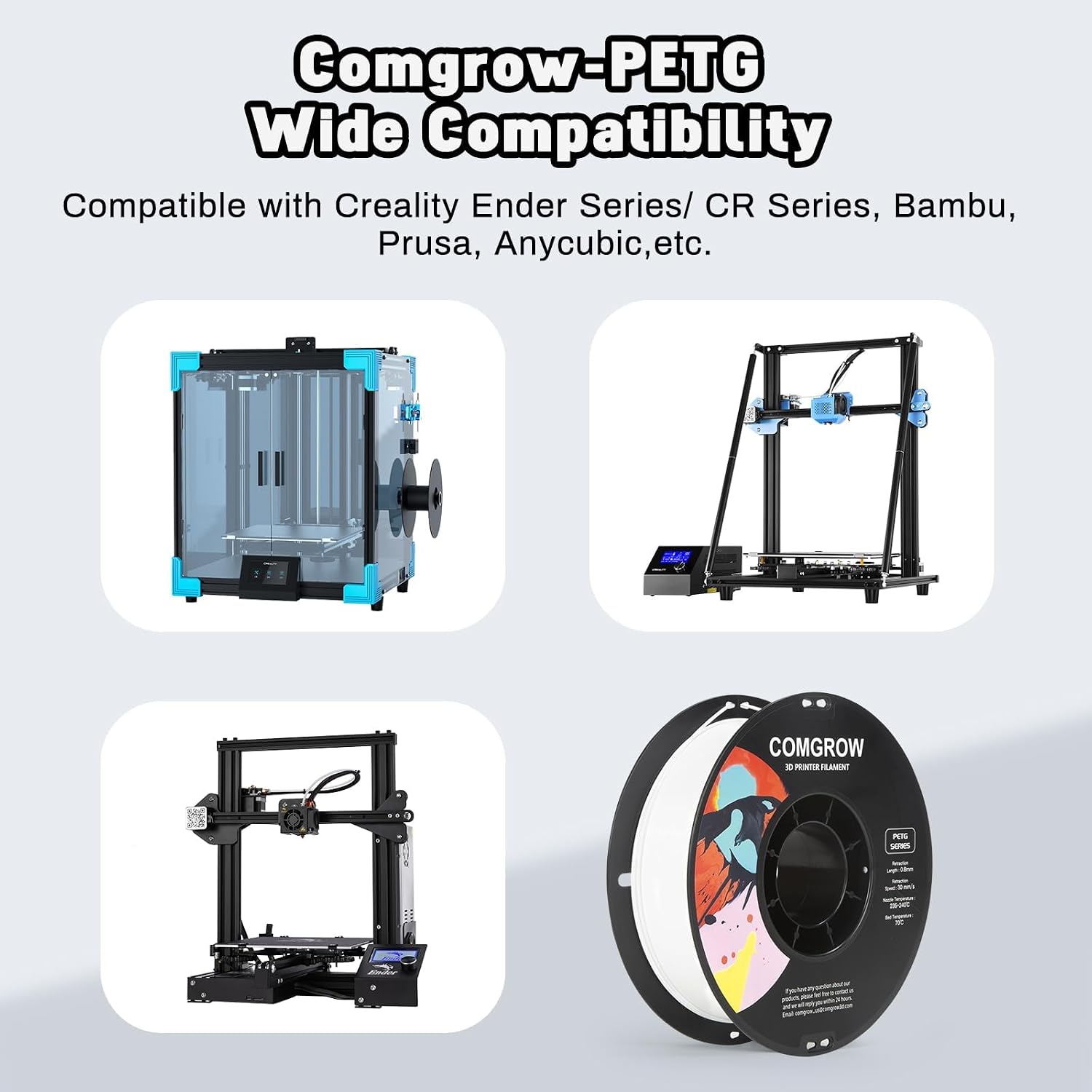 Comgrow PETG 3D Printer Filament 1.75mm, High Precision and Tough 3D Printer Filament 4 * 1kg Spool, Dimensional Accuracy +/- 0.02 mm, Fit Most 3D Printers White