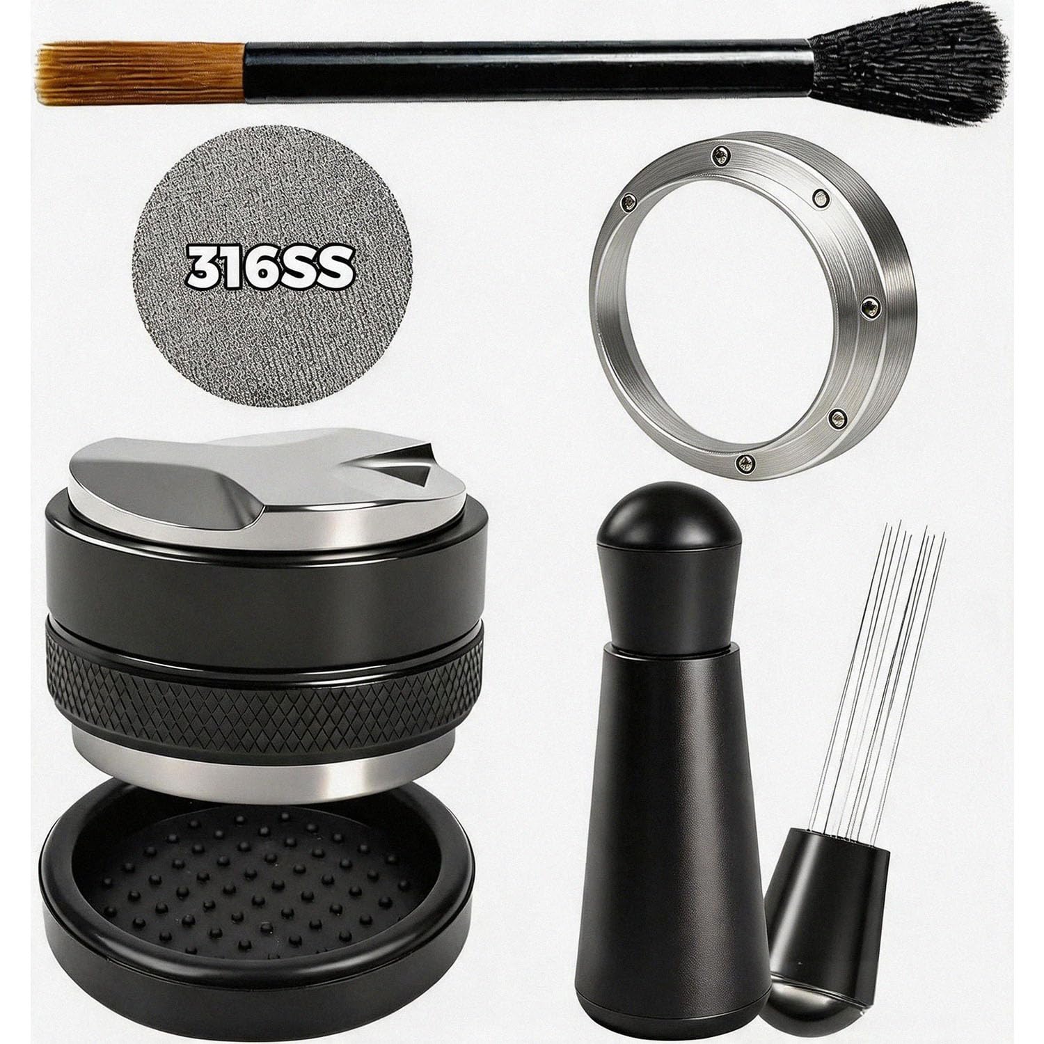 51 mm Siebträger Zubehör Set, 6-teilig mit 2-in-1 Tamper & Distributor, WDT Tool, magnetischem Dosierring, Edelstahl Puck Screen, Tampermatte und Bürste, kompatibel mit De'Longhi