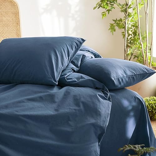 Miniatura 5 de Wake In Cloud - Juego de funda de edredón de algodón, tamaño Queen, azul marino oscuro, 100% algodón lavado, textura similar al lino, percal