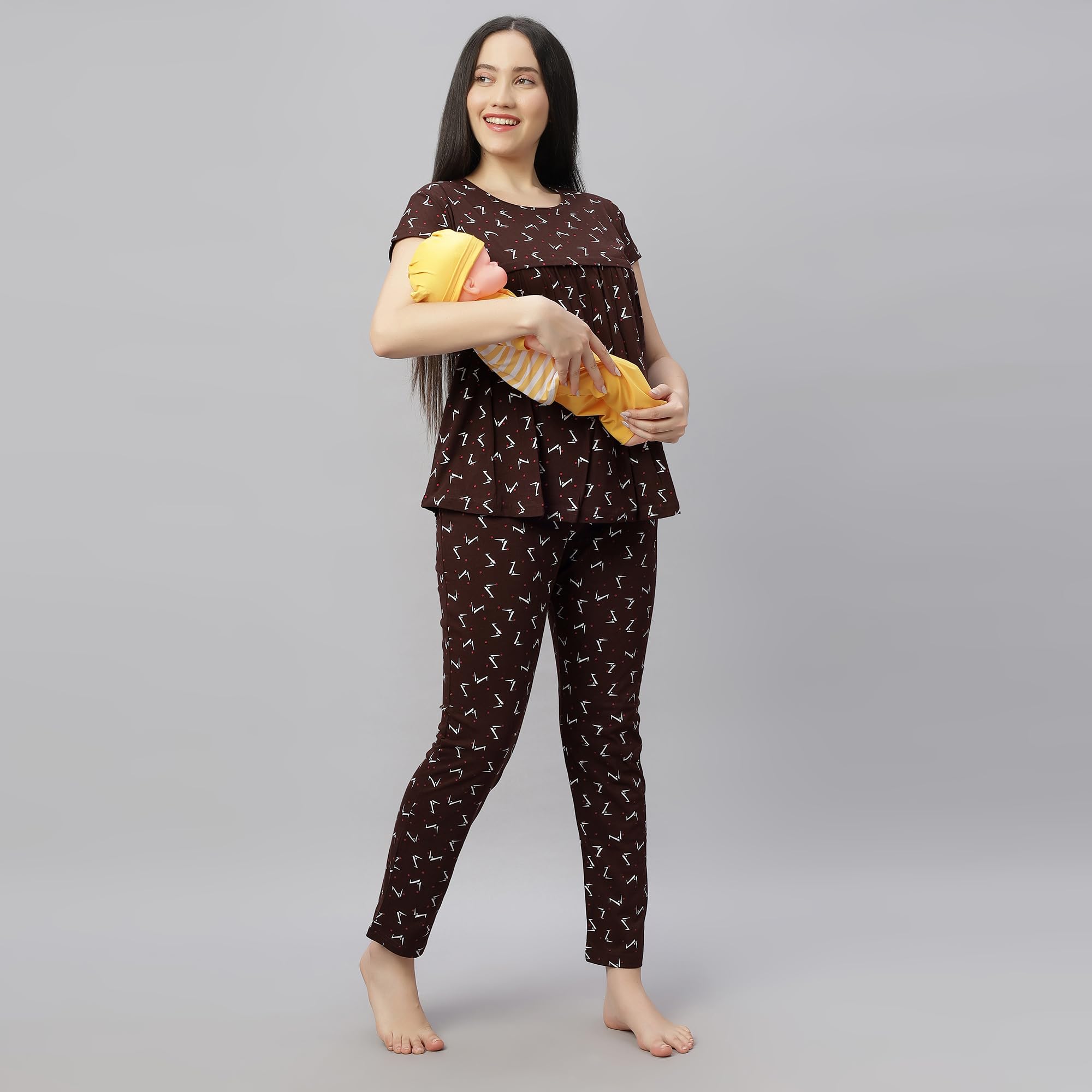 DZZO New Women's Cotton Printed Maternity Night Suit | Comfortable Feeding Night Dress | for Breathable Nursing Pajama Set | Color - Coffee, Size - M - Image 6 thumbnail