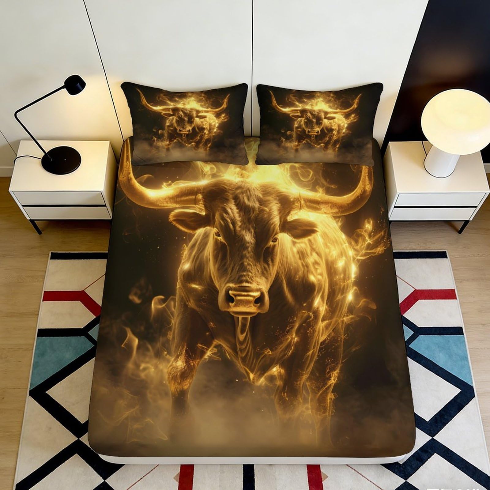 3D Printed Bull Pattern Fitted Sheet Microfiber Deep Pocket Non-Slip Bull Mattress Fitted Cover Washable Bedding for Adults 140x200x25cm