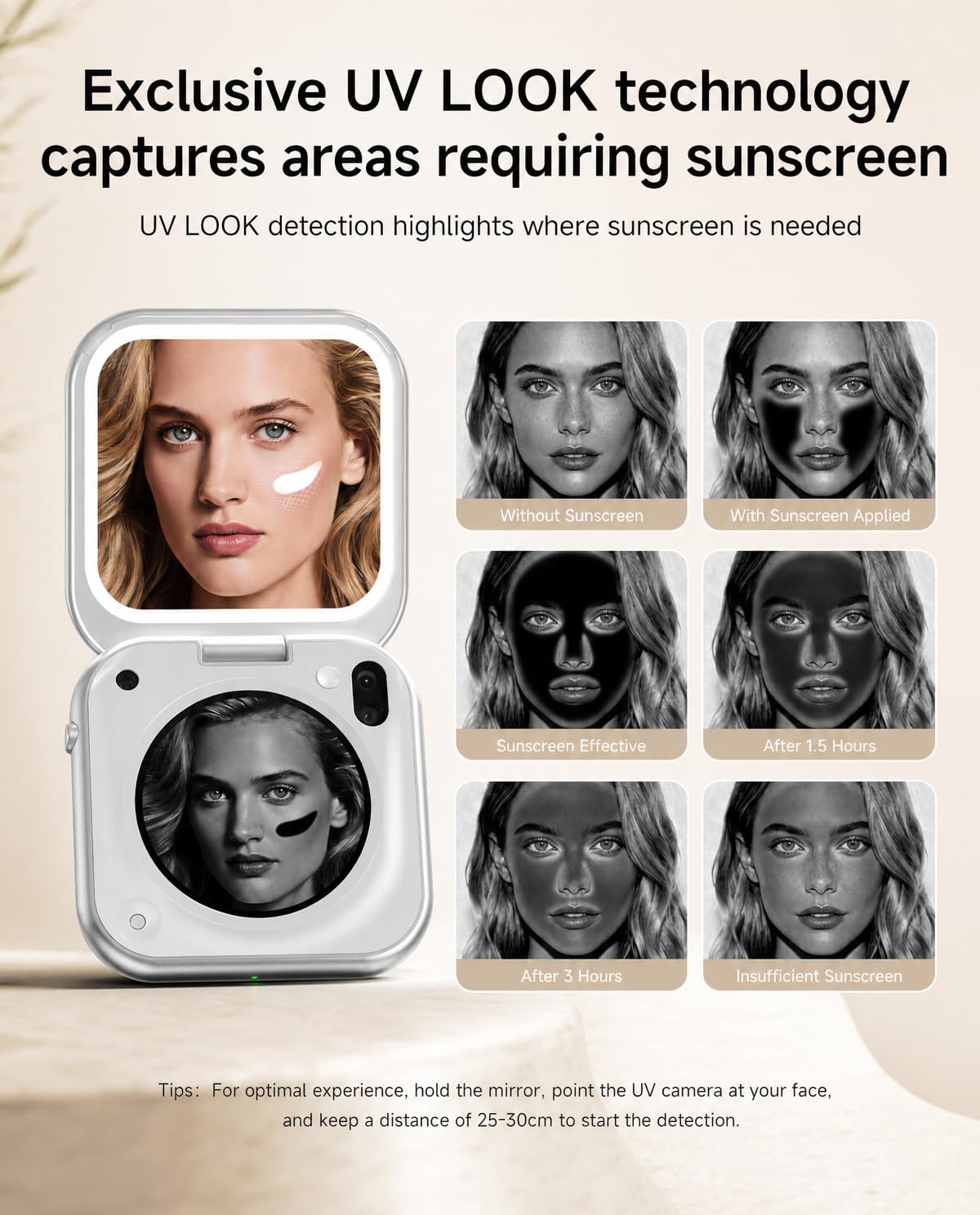 inewme UV-Kamera-Make-up-Spiegel, LED-Kompaktspiegel für Sonnenschutz-Check