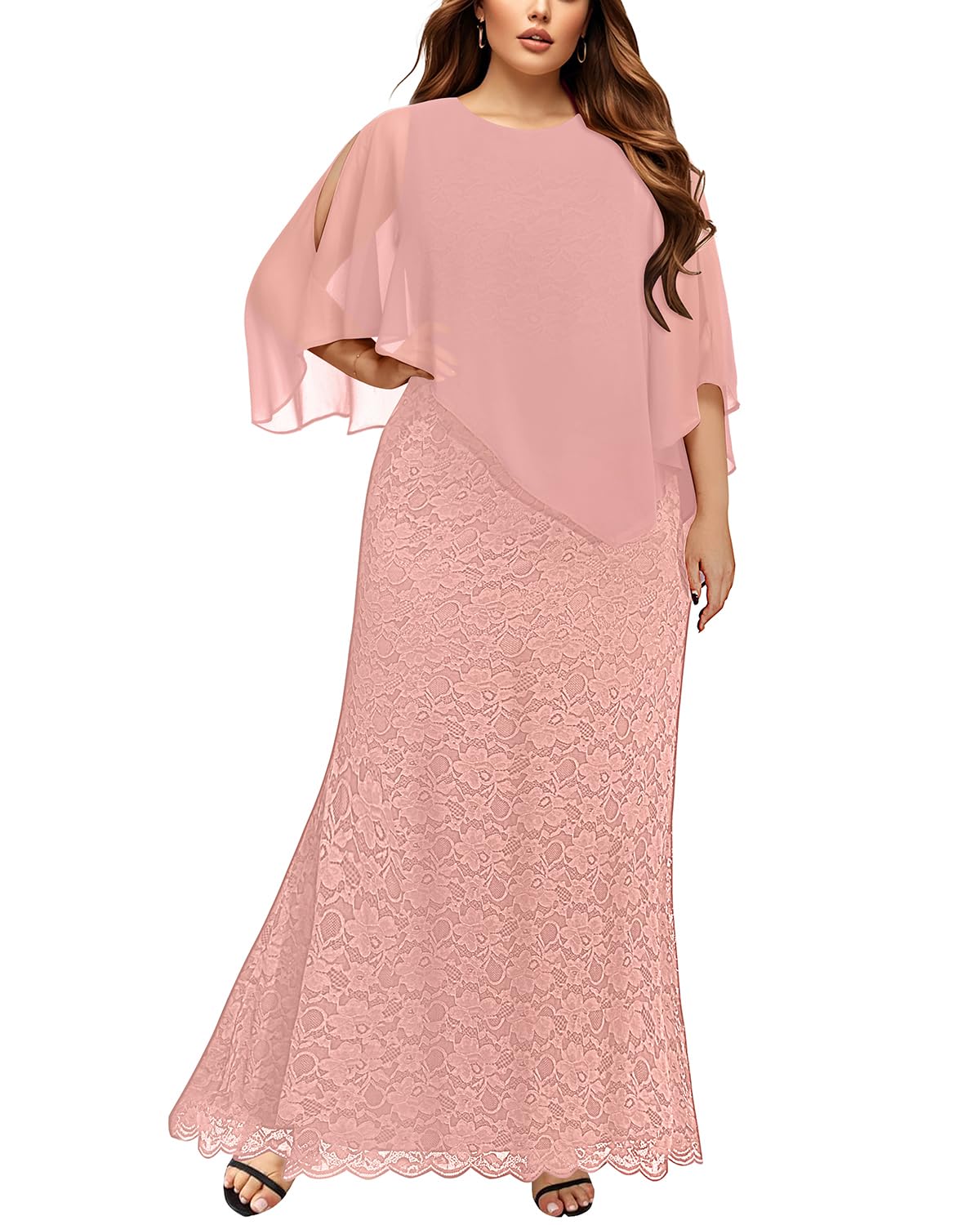 Amazon.com: Pink Dress for Women Plus Size Blush Bridesmaid Formal Dusty  Rose Lace Long Chiffon Cape Mother Gowns Mermaid Prom Dress : Clothing,  Shoes \u0026 Jewelry