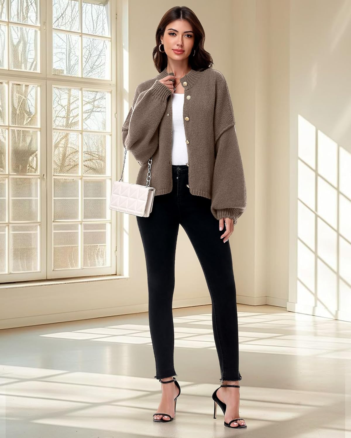 Women Chunky Knit Cardigan 2025 Fashion Casual Button Down Sweater Mock Neck Lantern Sleeve Fall Winter Outerwear - Image 7