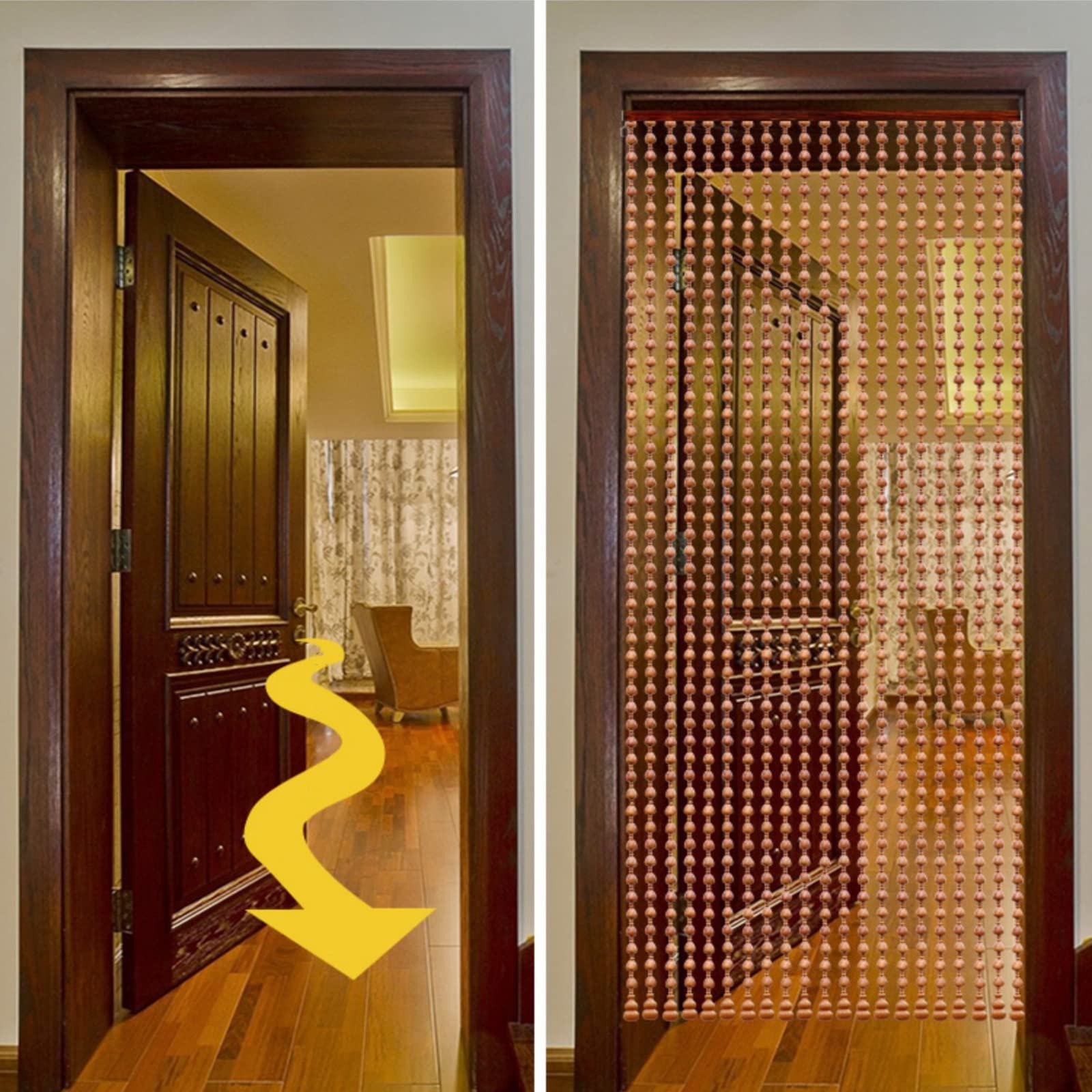 Rideau de Perles en Bois Naturel,Rideau de Porte en Perles de Style Rétro,Rideaux de Placards de Cloisons Faits à La Main,pour Salon,Cuisine,Salle de Bain,Personnalisable (25 Strands-90x210cm)