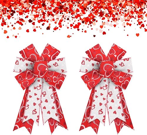 Miniatura 9 de Estivaux 2 lazos para el día de San Valentín para corona, lazos de corona de San Valentín, lazos de arpillera rojos y blancos, lazos de regalo para