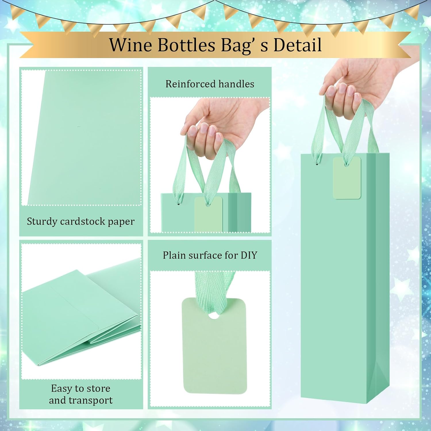 Windyun 50 Pack Wine Gift Bag Wine Tote Bags Bulk 3.9 x 3.5 x 13.8 Inch Kraft Paper Bag with Handles for Small Business Present Wedding Party Supplies (Green)