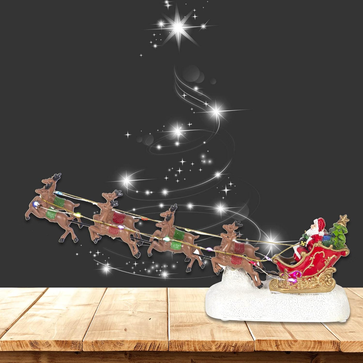 innodept12 Christmas Winter Santa's Sleigh with 8 Reindeers - Winter Lane Christmas Village Decor Santa Sleight with Reindeer LED Light String and Music, Fireplace Home Decor Xmas, Red Sleigh