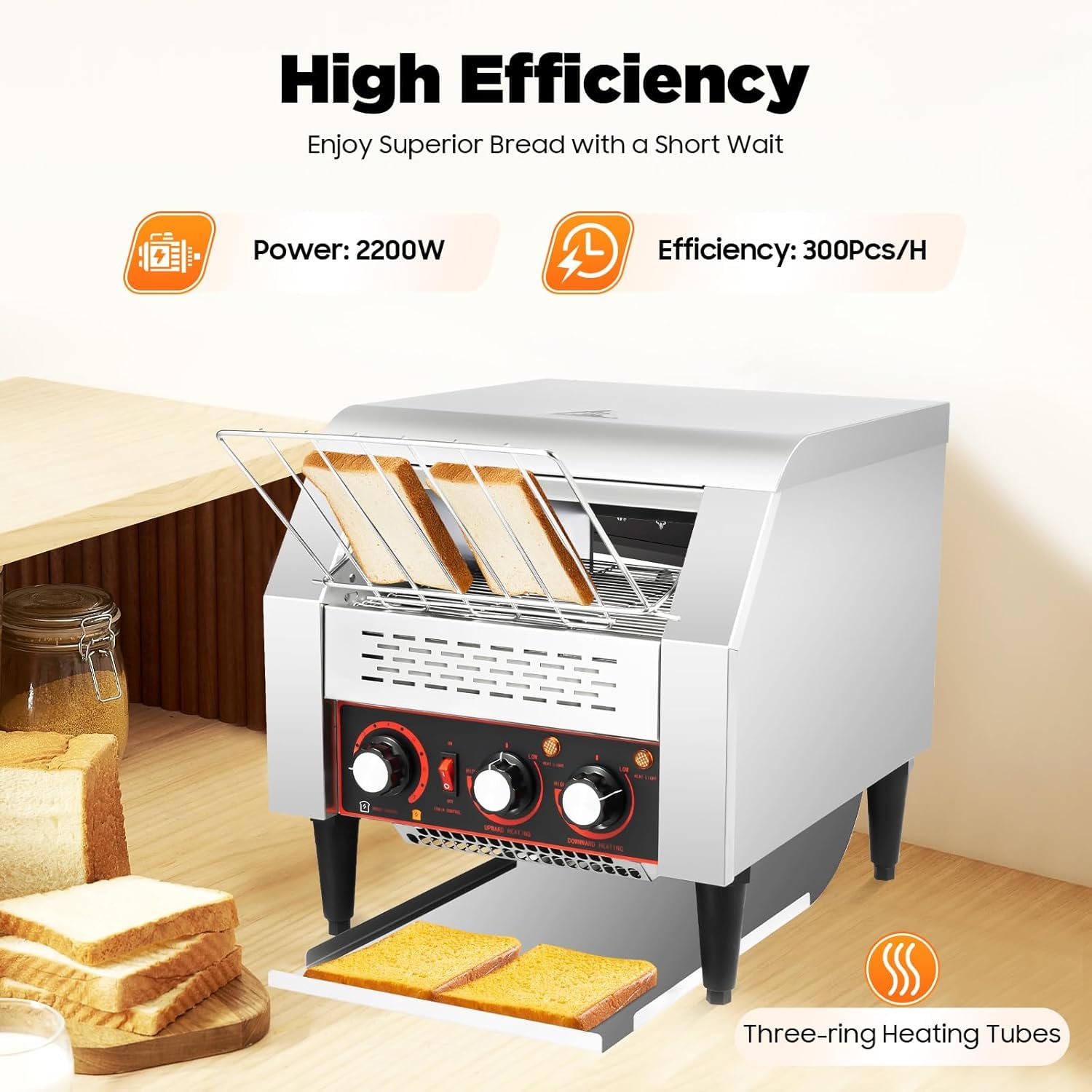 Tostadora Comercial De Cinta Transportadora De 2200 W - Acero Inoxidable De Alta Resistencia, 300 Rebanadas/Hora, 3 Tubos Calefactores - Ideal para Restaurantes Y Catering