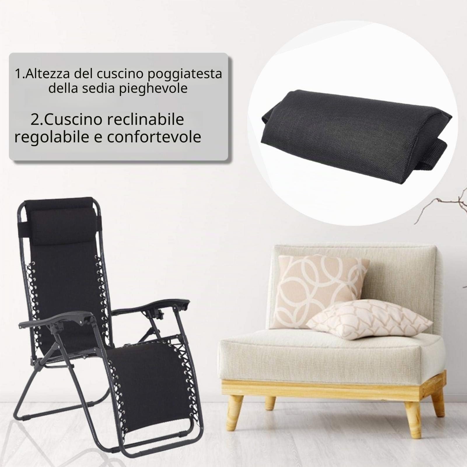 cuscino universale per sedia a sdraio da giardino, sedia a sdraio, cuscino da viaggio, cuscino per il collo con elastico grigio.