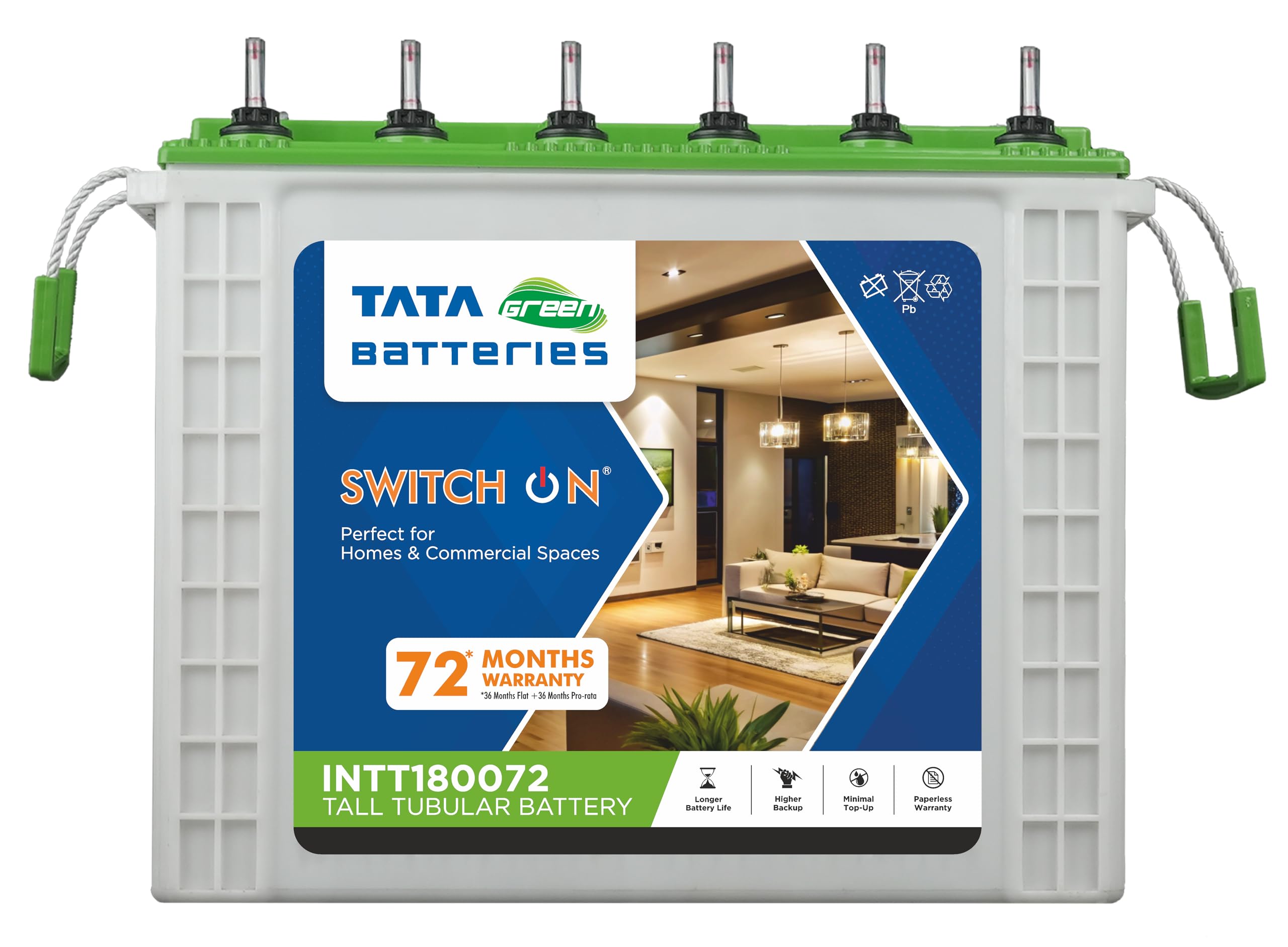 TATA Green Switch-On INTT180072 150AH Tall Tubular Inverter Battery with 72 Months Warranty for Home, Office & Shops