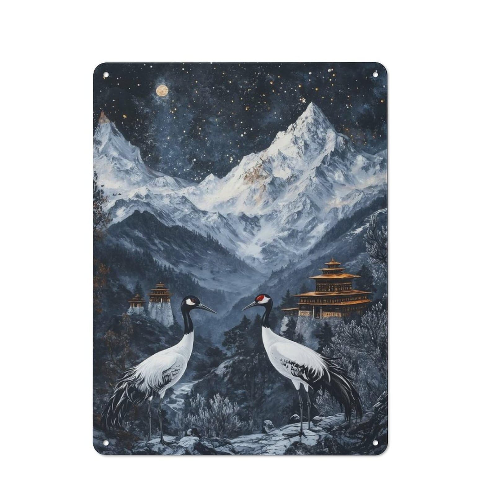 Junmoney Style-16 Tin Wall Plaque 40X30cm With Cranes In Mountainous Landscape At Night For Guest Room Or Hallway, For Garage, Workshop And Man Cave Decoration