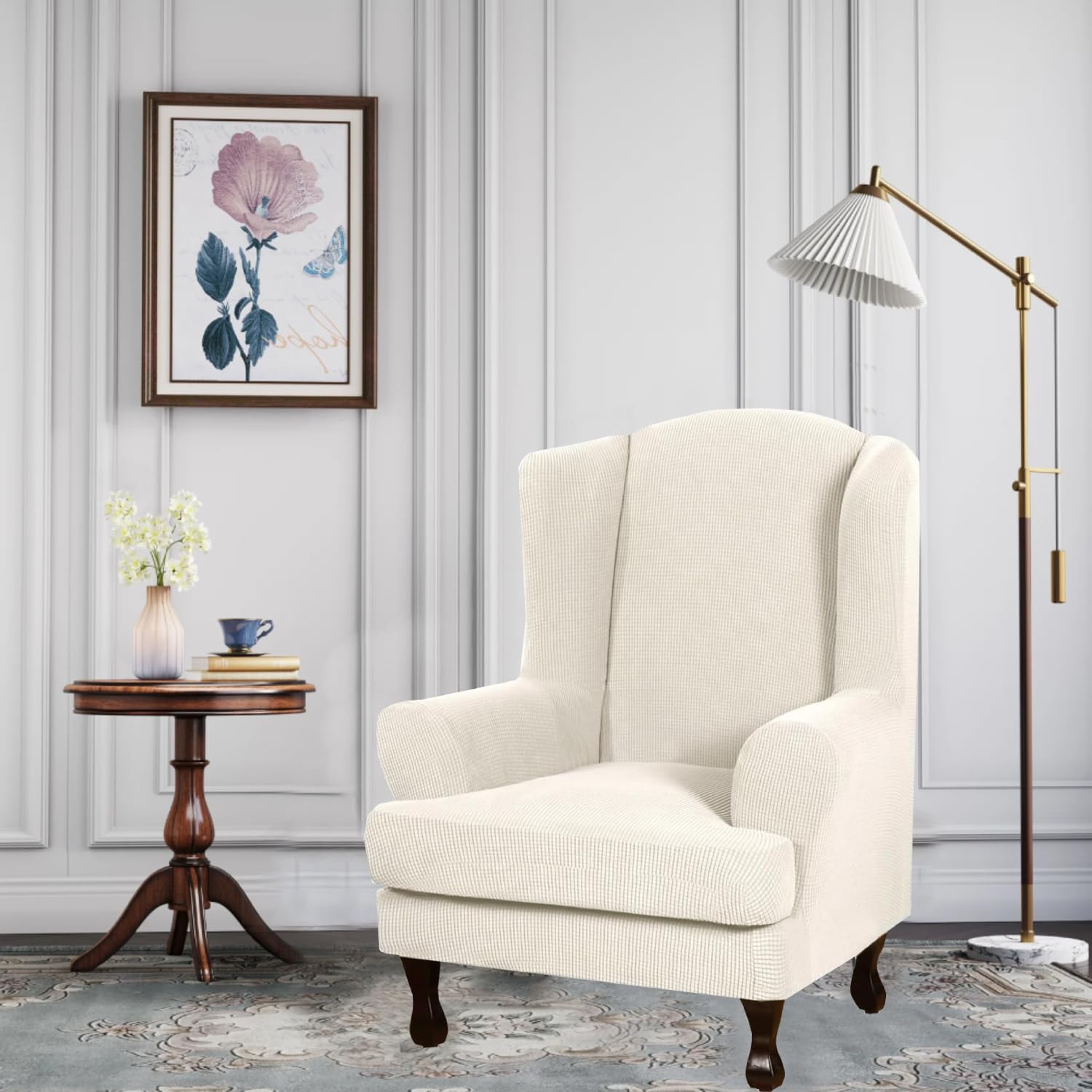 INFLAG Wing Back Chair Slipcovers, Stretch Spandex Wingback Chair Covers Sofa Slipcover Washable Chair Covers Armchair for Living Room and Bedroom (Beige)