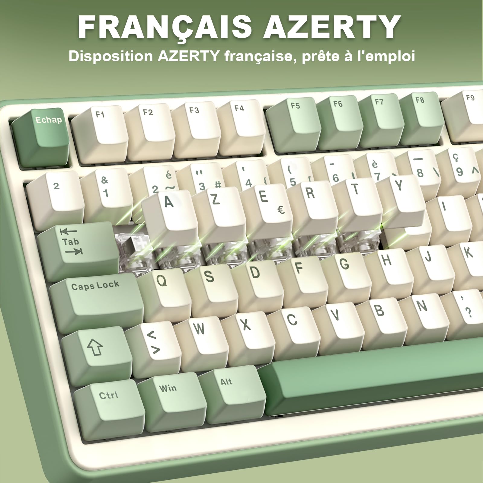 YUNZII B75 PRO Teclado mecánico inalámbrico para juegos, diseño AZERTY, formato 75%, Bluetooth 5.0/2.4GHz/USB-C, RGB, conmutadores intercambiables en caliente, estructura gasket (Matcha Green, Milk | francés. Disposición 75%, Bluetooth 5.0/2,4/USB-C con c